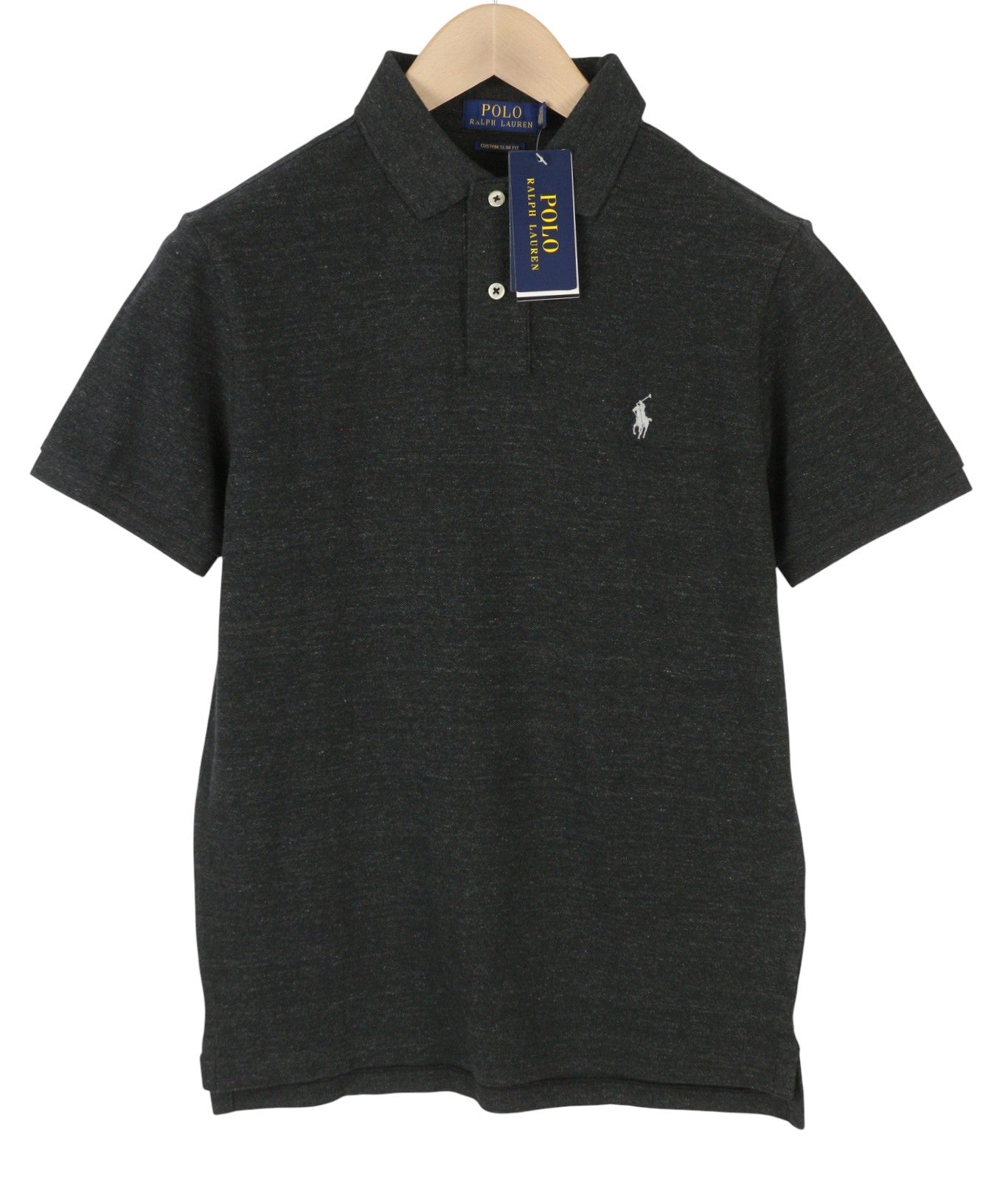 RALPH LAUREN Custom Slim Fit Men Polo S Black Melange Cotton Short Sleeve