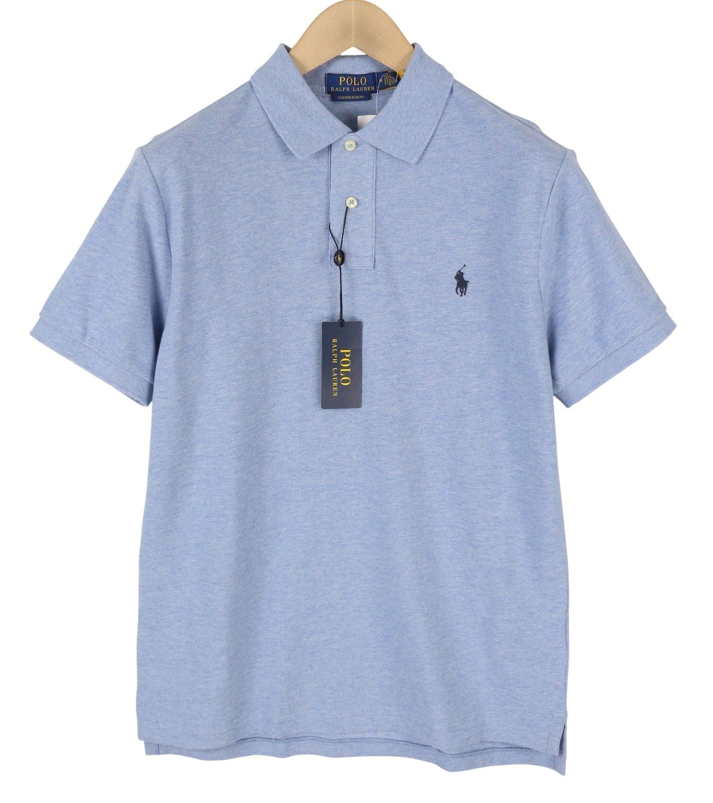 RALPH LAUREN Custom Slim Fit Men Polo M Blue Melange Cotton Short Sleeve