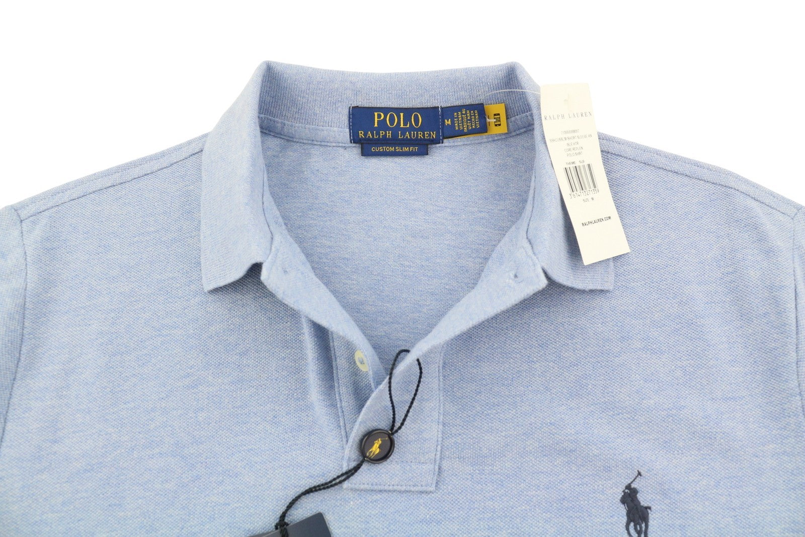 RALPH LAUREN Custom Slim Fit Men Polo M Blue Melange Cotton Short Sleeve