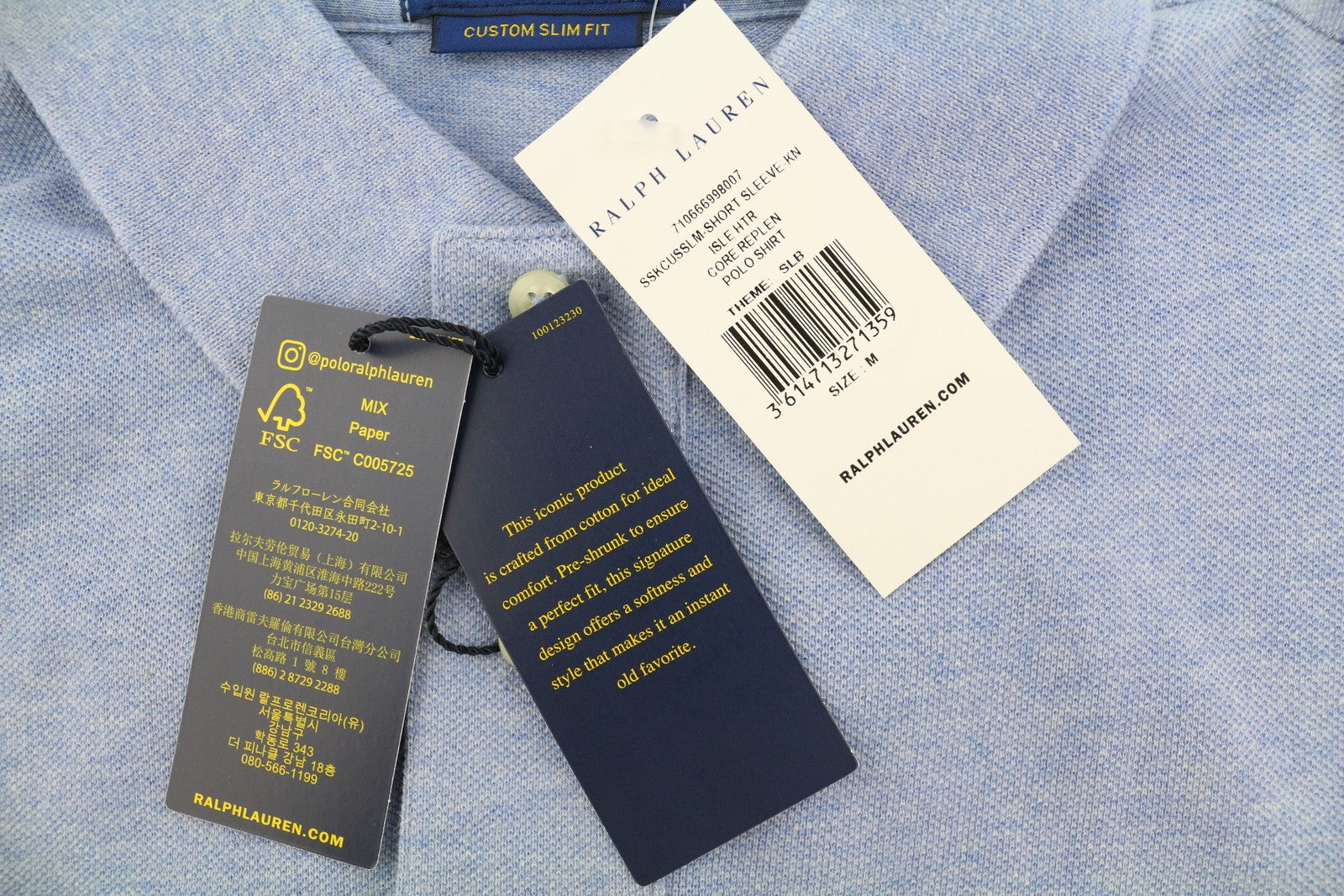 RALPH LAUREN Custom Slim Fit Men Polo M Blue Melange Cotton Short Sleeve