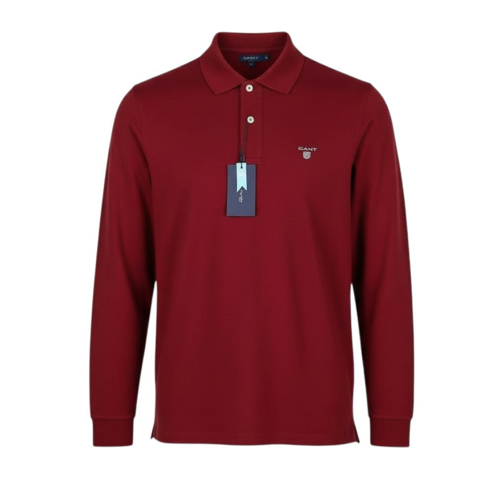 GANT Original Piqué-Langarm-Rugbyshirt für Herren, M, rotes Poloshirt mit Logo und langen Ärmeln