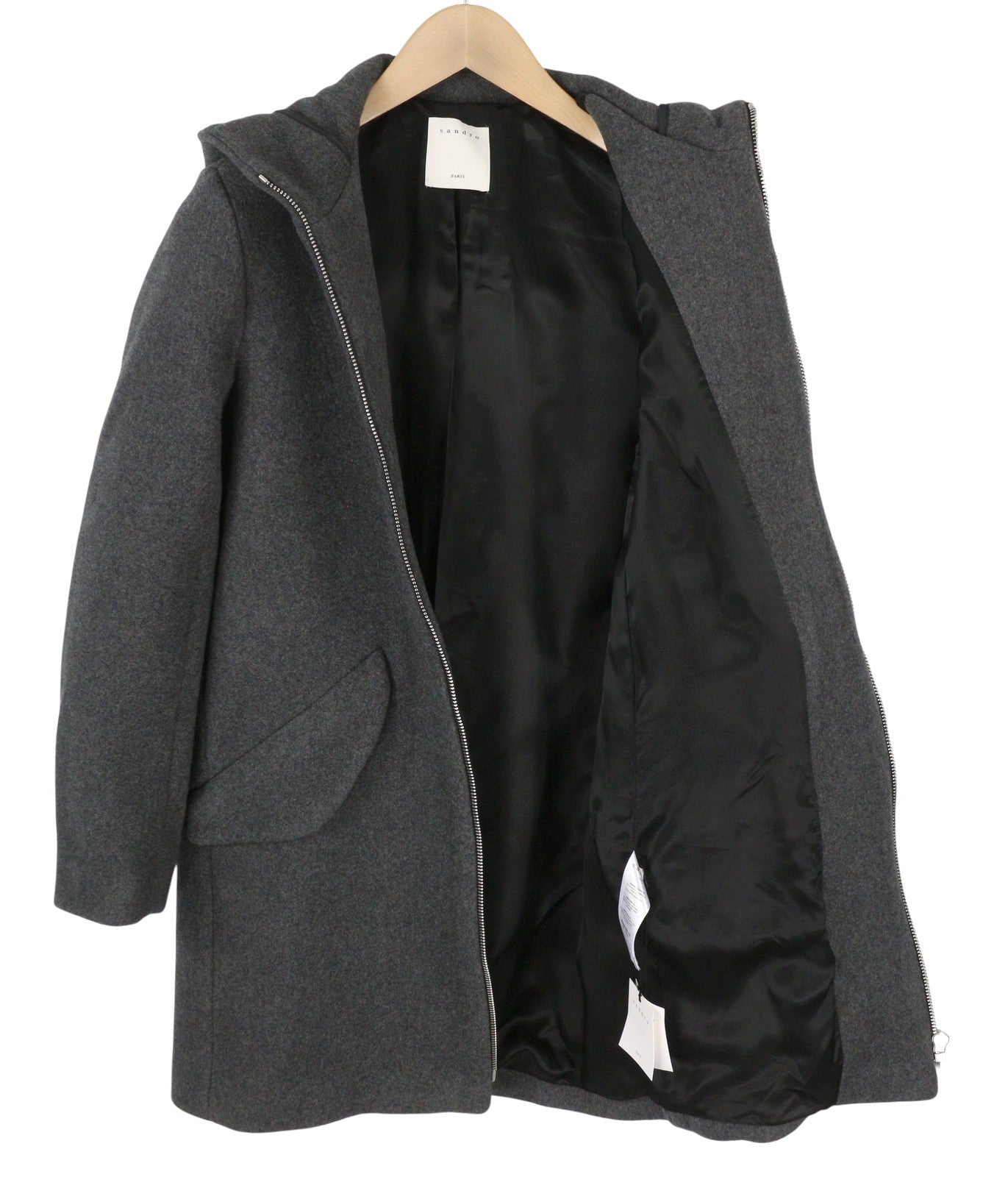 SANDRO Women Coat EU36 Grey Melange Wool Blend Hooded Mid Length Light