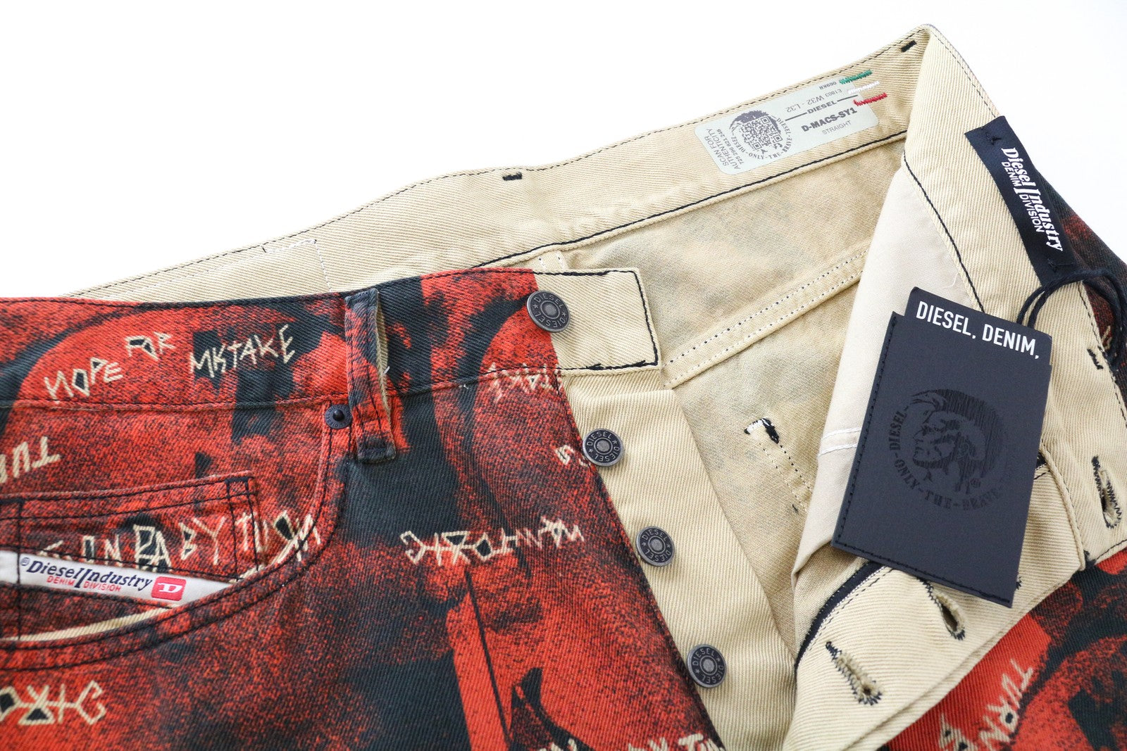 DIESEL D-Macs-SY1 069KR Men Jeans W32/L32 Straight Red 5-Pocket Cotton Patterns