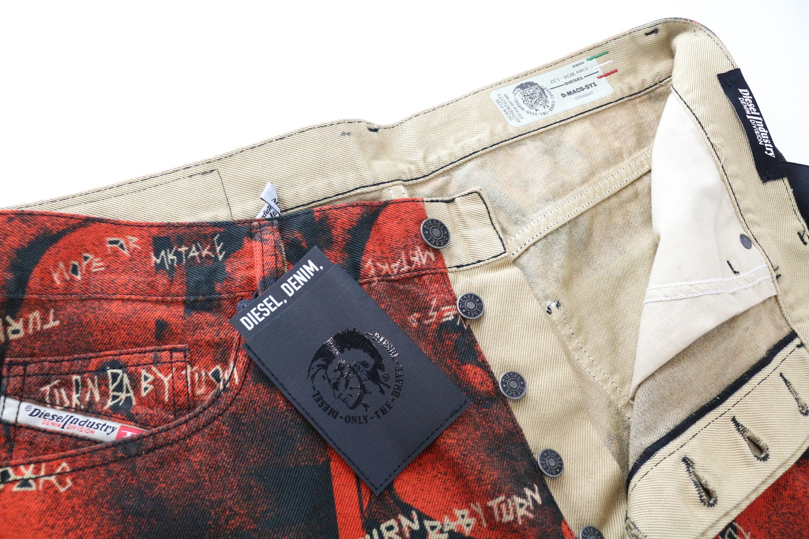 DIESEL D-Macs-SY1 069KR Men Jeans W34/L32 Straight Fit Red Pure Cotton Patterns
