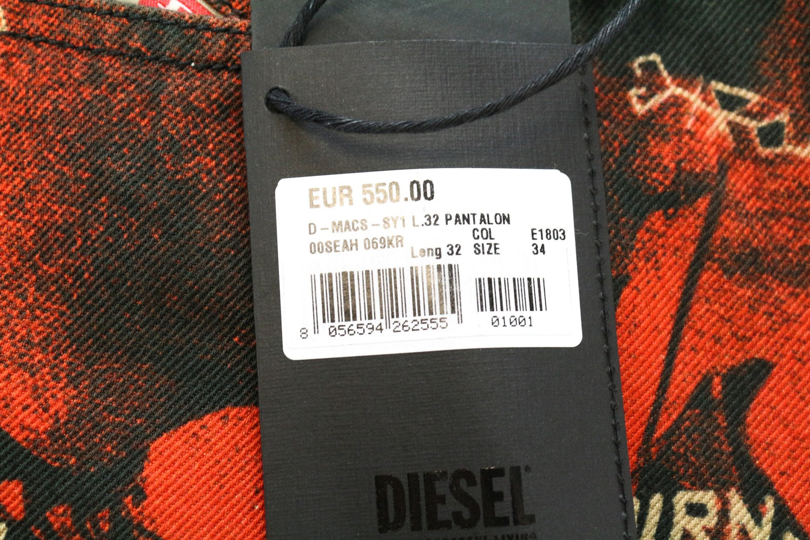DIESEL D-Macs-SY1 069KR Men Jeans W34/L32 Straight Fit Red Pure Cotton Patterns