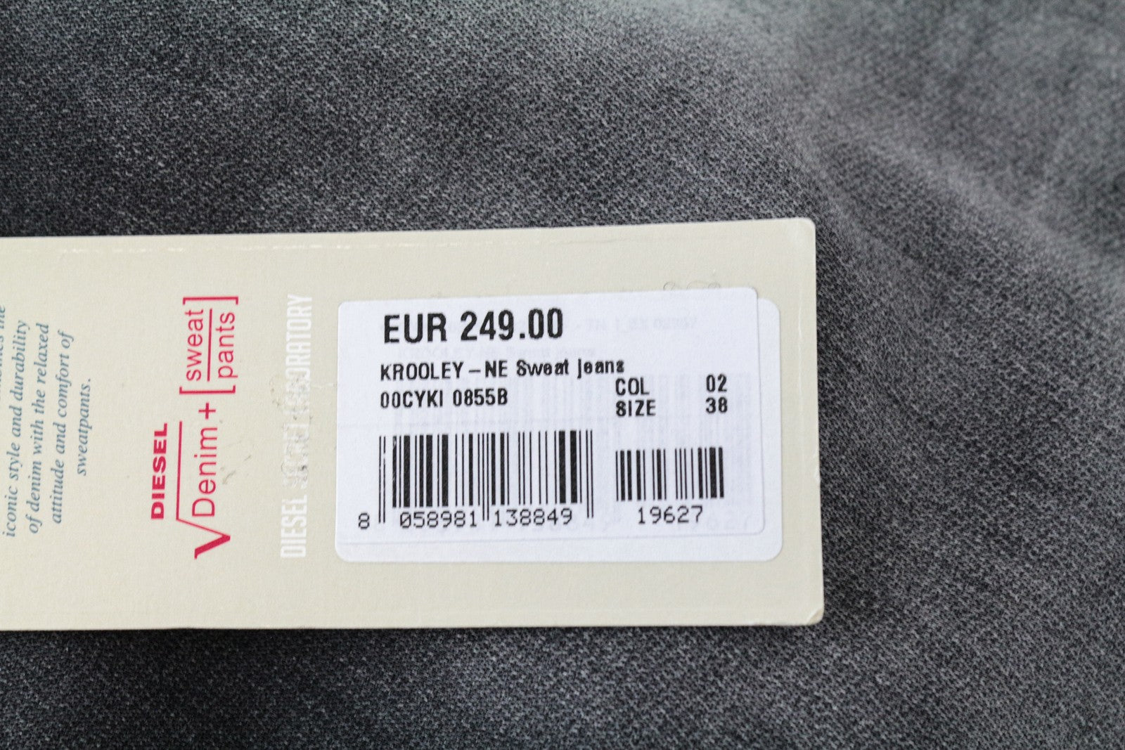 DIESEL Krooley-NE 0855B Men Jeans W38 Jogg Sweat Zip Melange Slim Carrot Grey