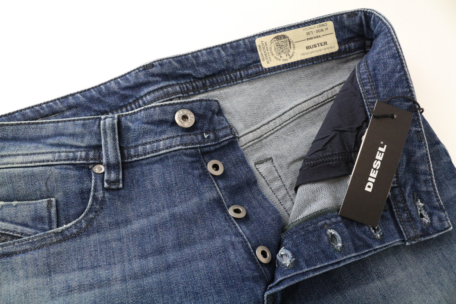 DIESEL Buster CN021 Men Jeans W30/L30 Mid-Blue Distressed Slim Taper Buttoned