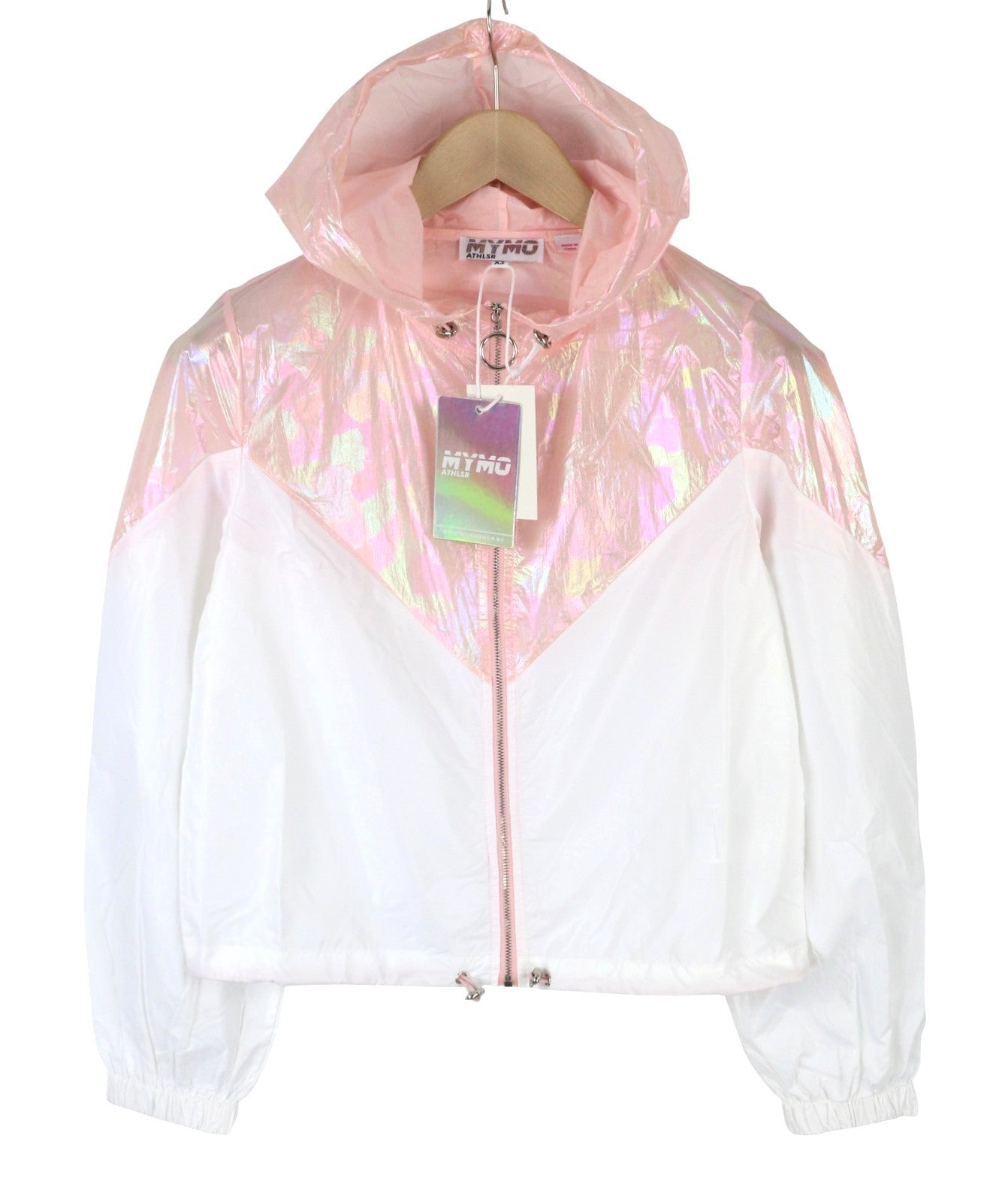 MYMO Athlsr Women Jacket XS Pink White Holographic Hooded Zip Lightweight