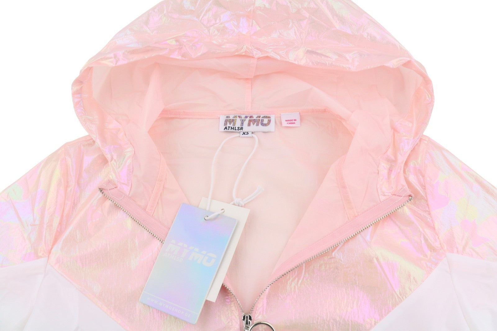 MYMO Athlsr Women Jacket XS Pink White Holographic Hooded Zip Lightweight