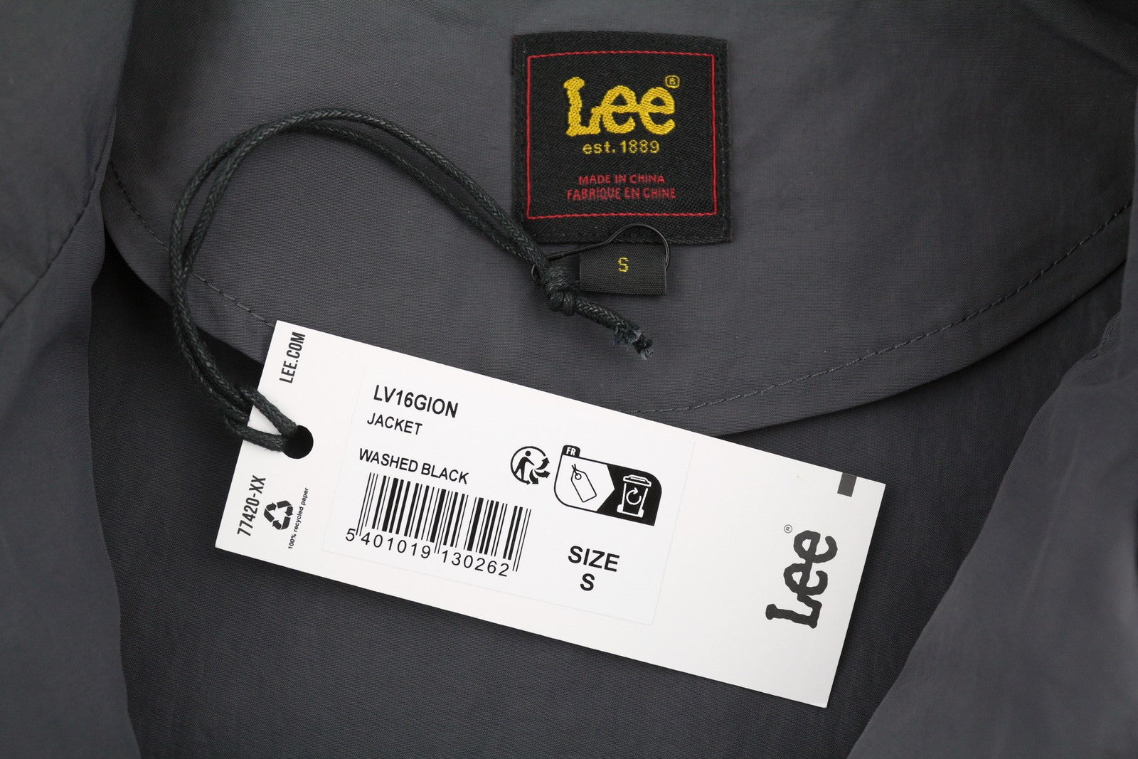 LEE Men Jacket S Washed Black Spread Collar Full Zip Light Unlined