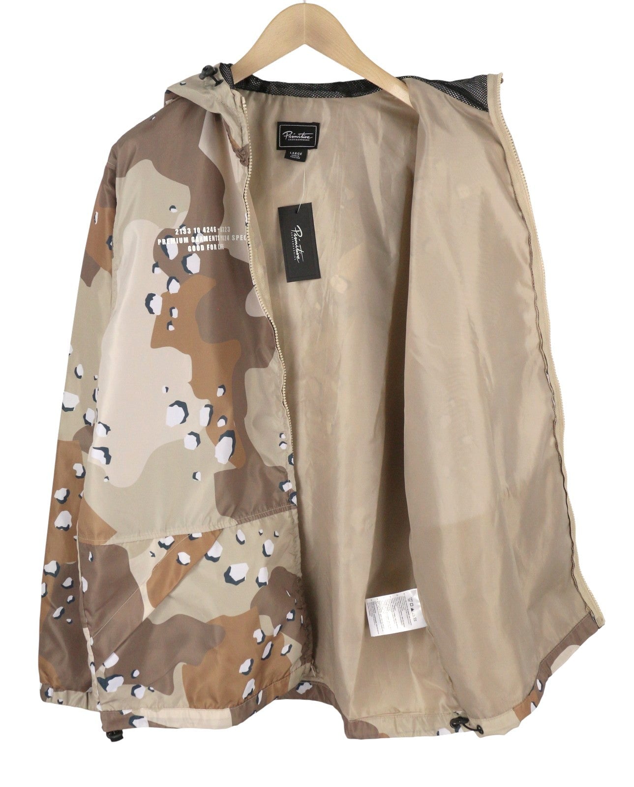 PRIMITIVE SKATEBOARDING Men Jacket L Brown Camo Hooded Zip Light Jacket