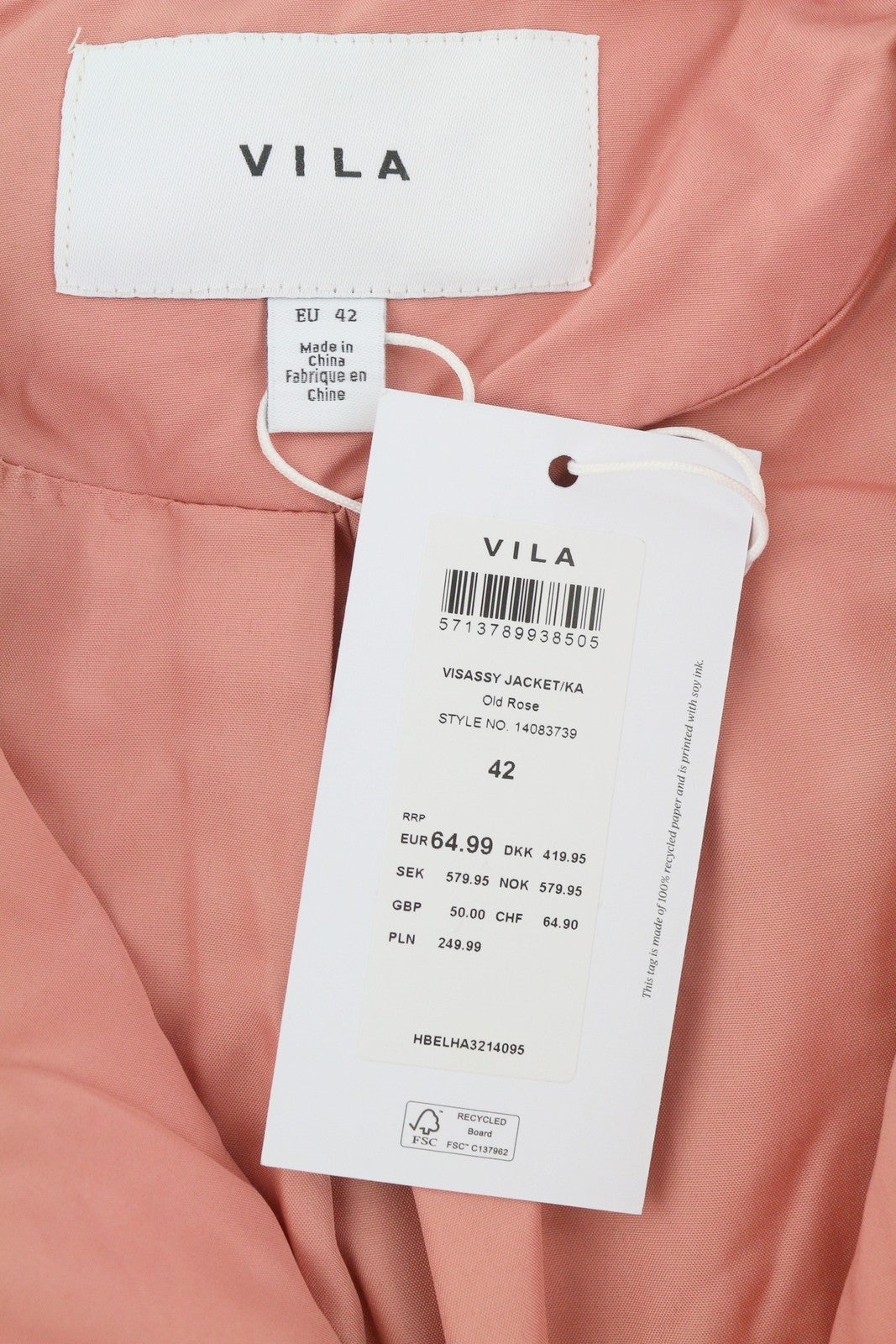VILA Sassy Women Jacket EU42 Pink Quilted Padded Asymmetric Zip Light