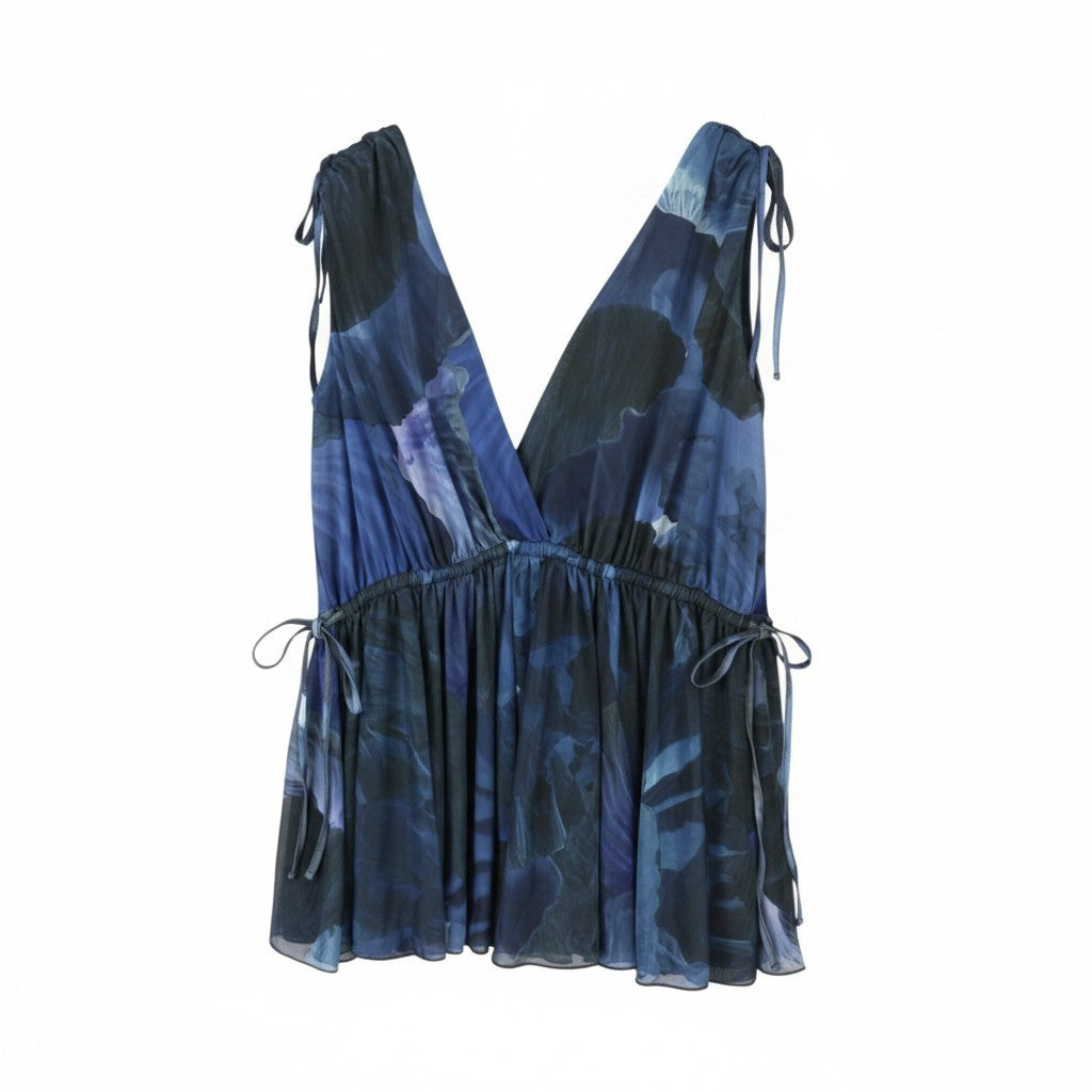 MAX&CO. Women Blouse XS Dark Blue Floral Print Depp V-Neck Sleeveless
