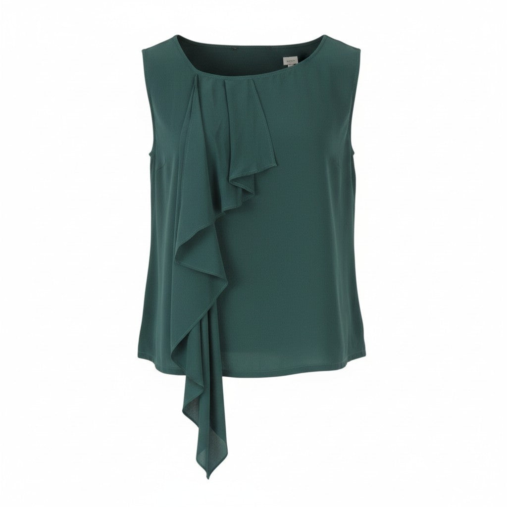 MAX MARA Women T-Shirt M Green Silk Ruffled Front Round Neck Sleeveless