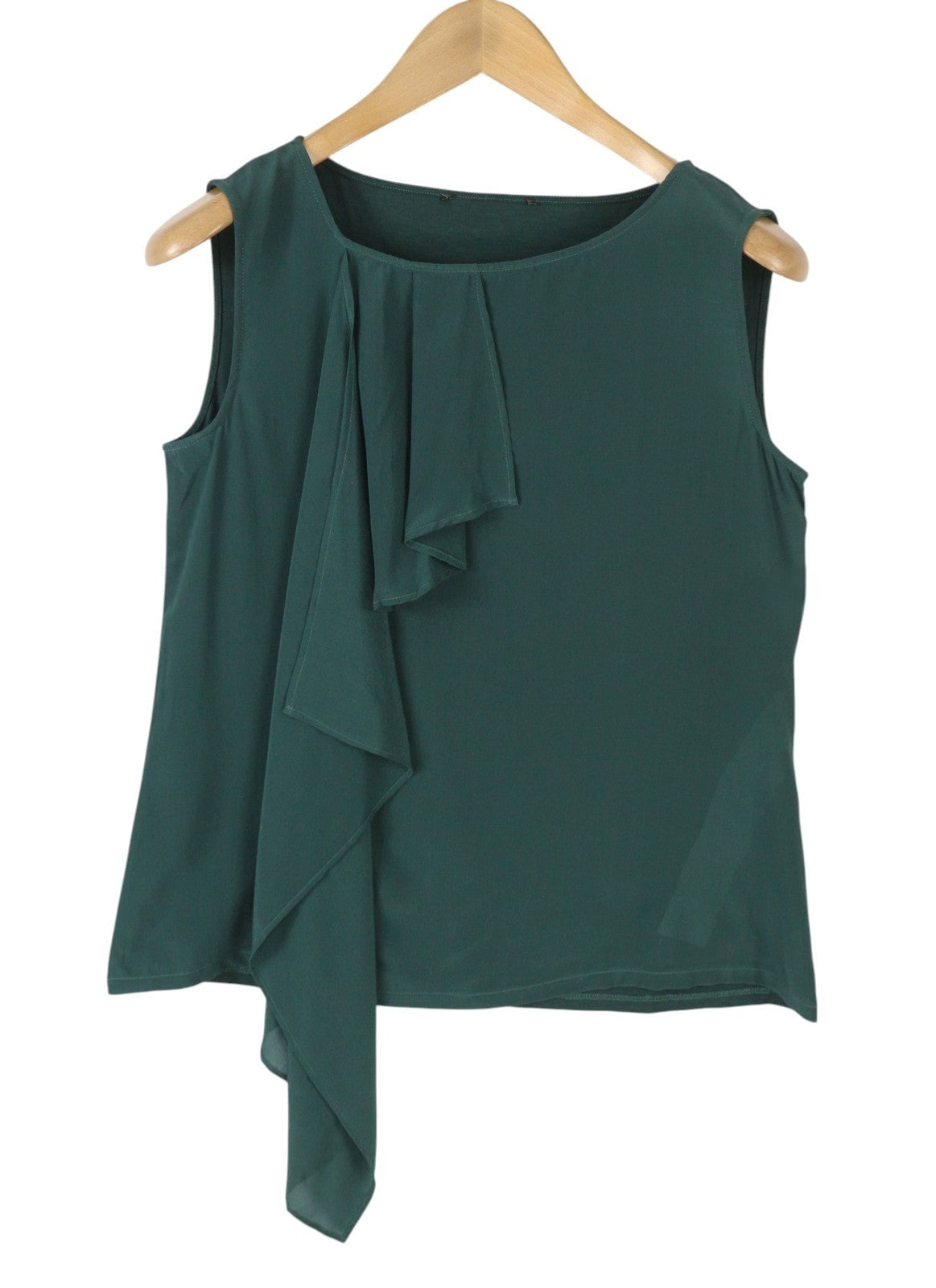 MAX MARA Women T-Shirt M Green Silk Ruffled Front Round Neck Sleeveless