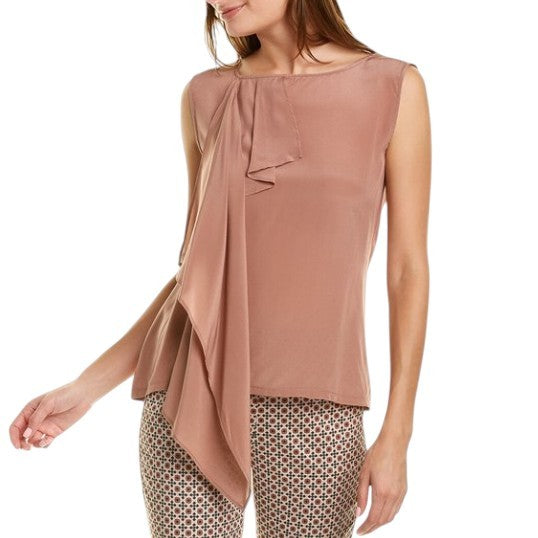 MAX MARA Women T-Shirt M Pink Silk Ruffled Front Round Neck Sleeveless