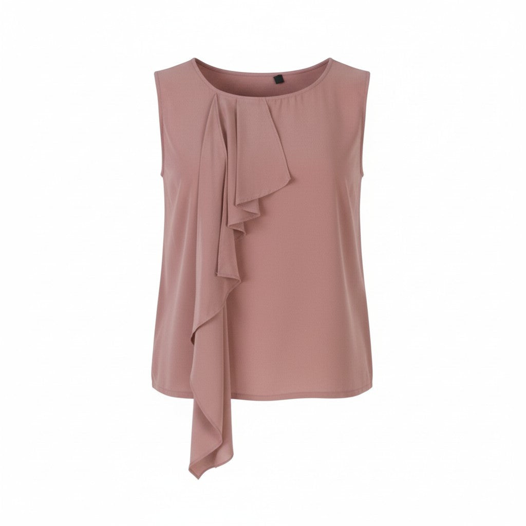 MAX MARA Women T-Shirt M Pink Silk Ruffled Front Round Neck Sleeveless