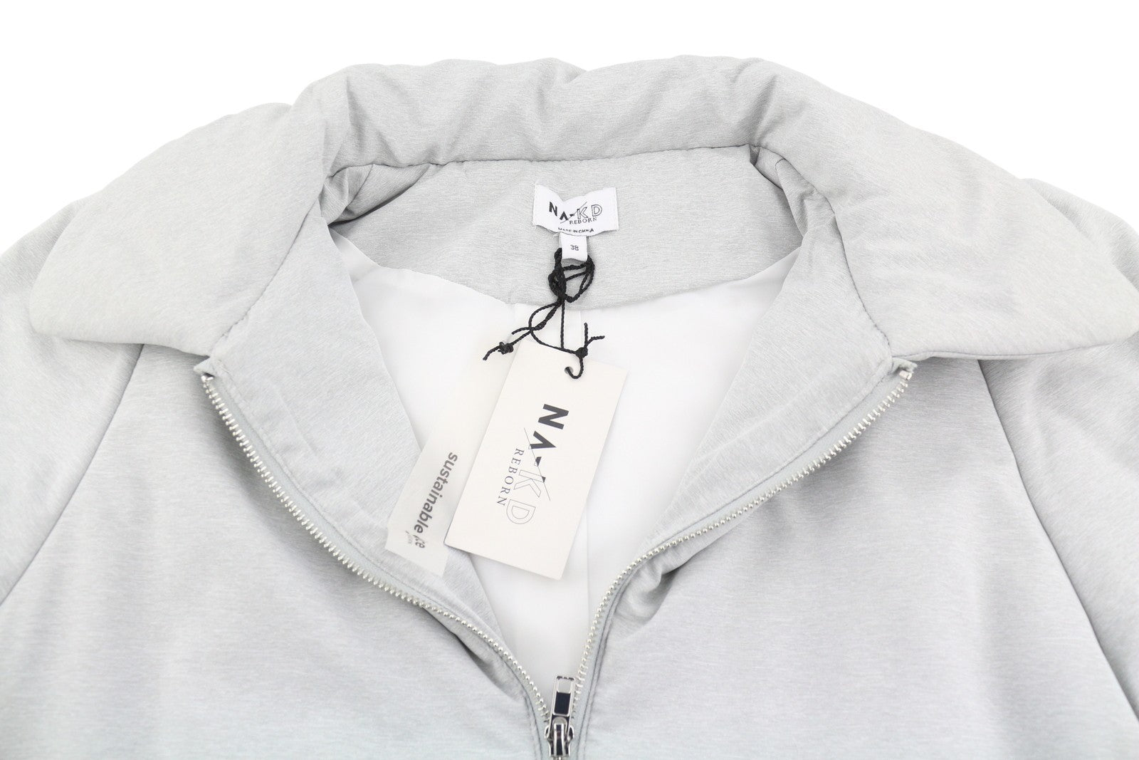 NA-KD Melange Padded Drawstring Women Jacket EU38 Grey Padded Full Zip