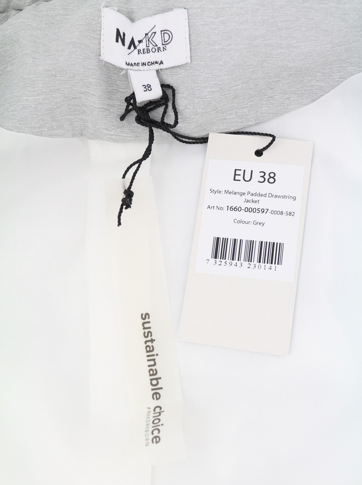 NA-KD Melange Padded Drawstring Women Jacket EU38 Grey Padded Full Zip