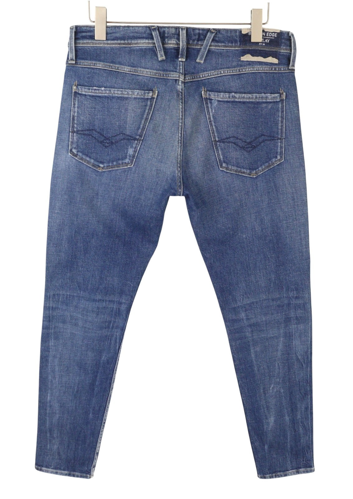 REPLAY Bronny Men Jeans W32/L30 Blue Whiskers Faded Distress Super Slim Fit