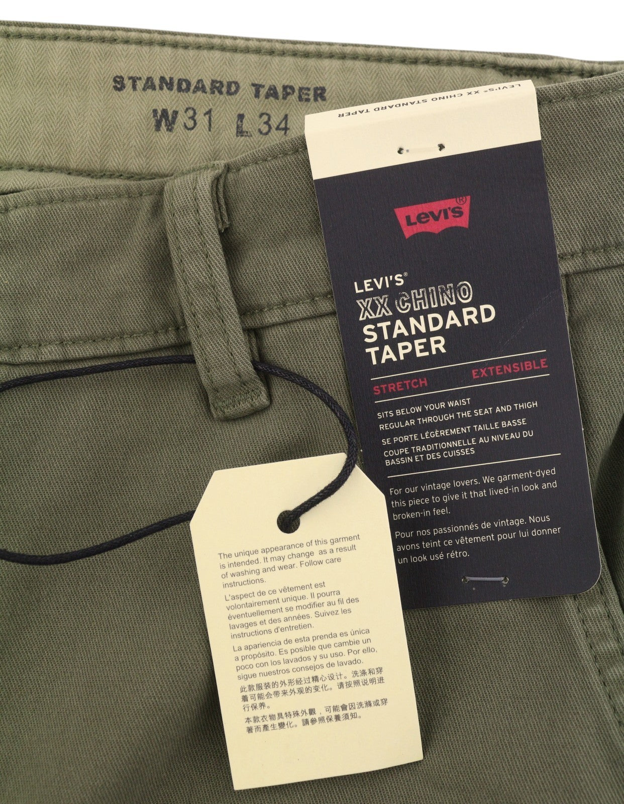 LEVI'S XX Chino Men Trousers W31/L34 Green Standard Tapered Fit Stretch Big E