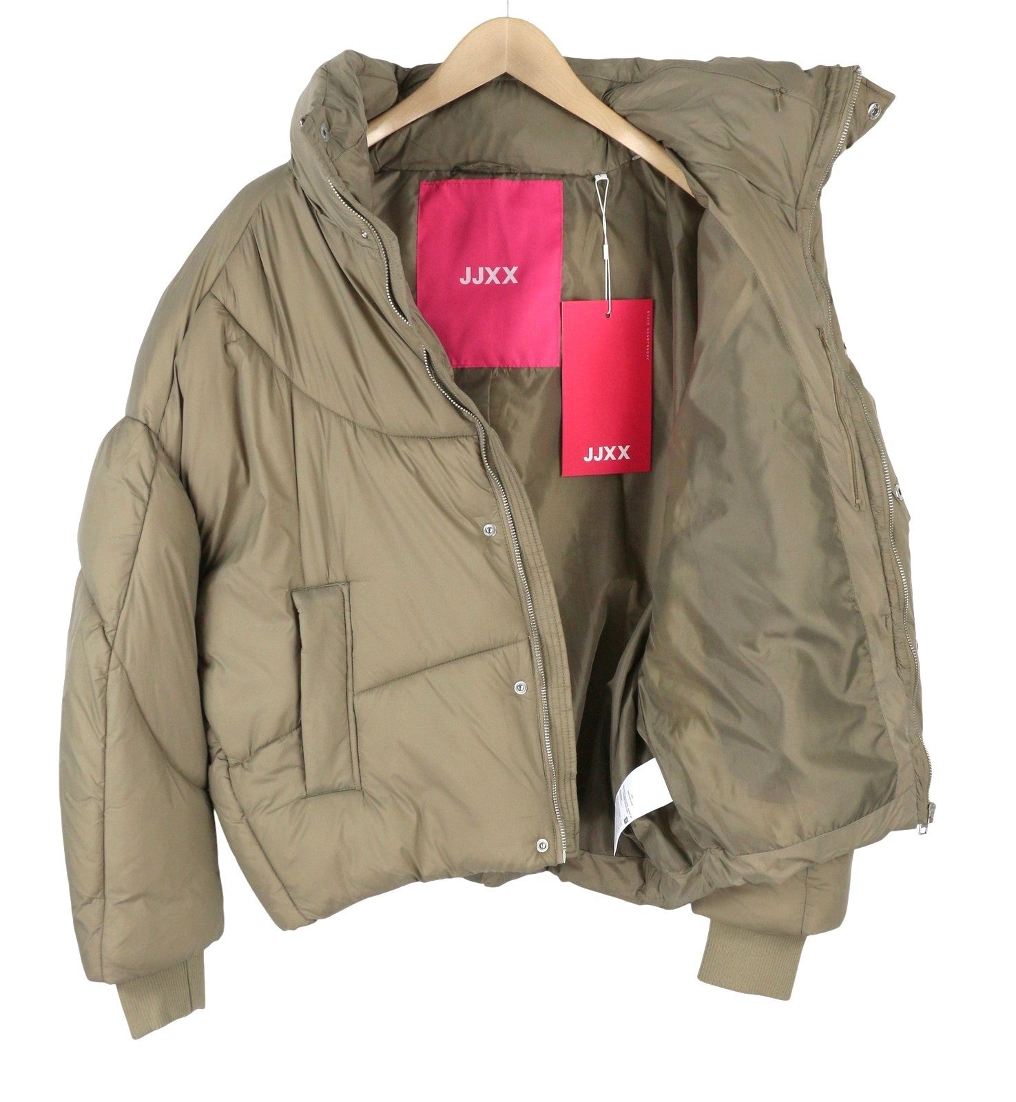 JJXX Saga Nylon Quilted Women Jacket L Brindle Oversized Hidden Hood