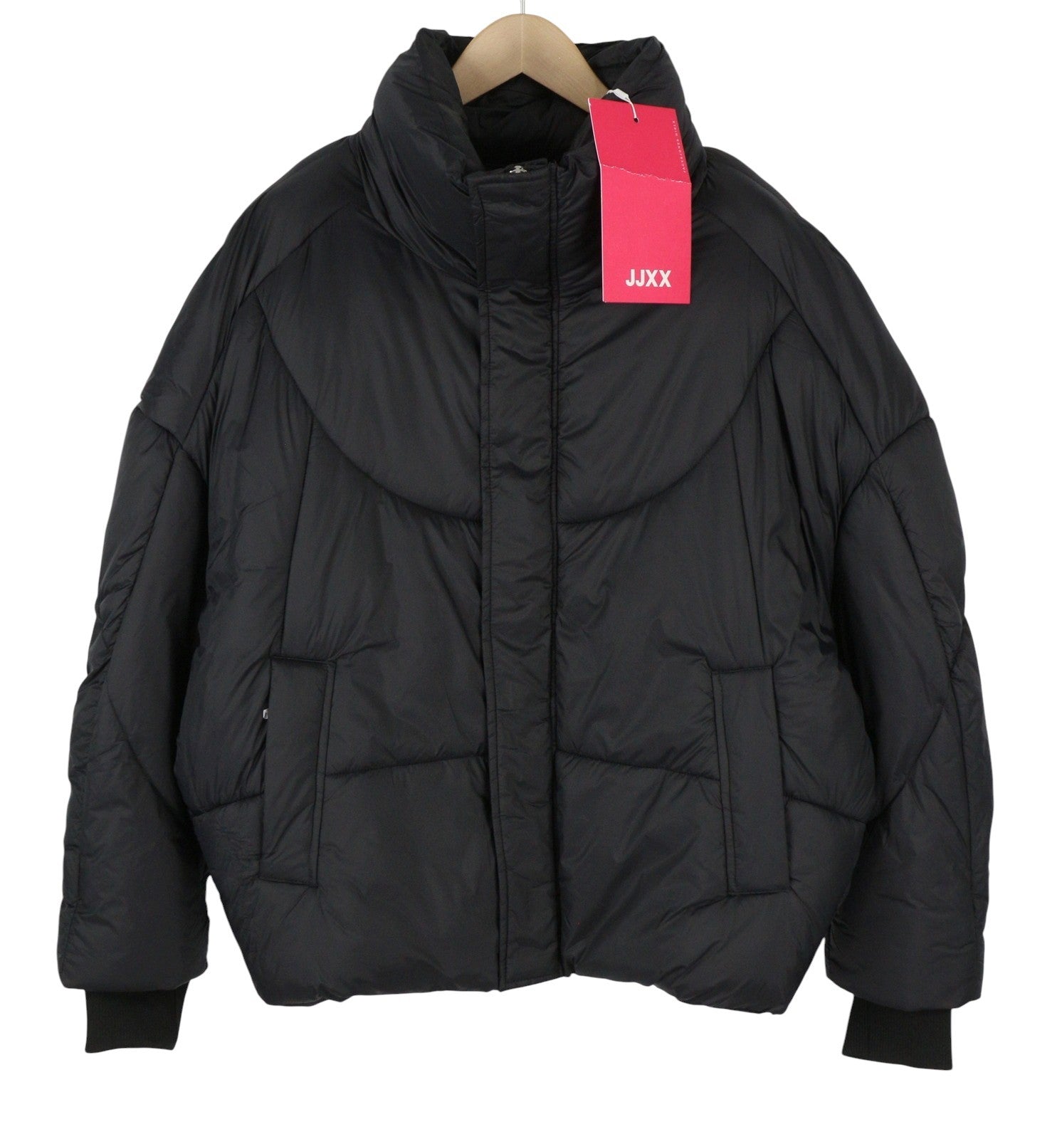 JJXX Saga Nylon Quilted Women Jacket XL Black Oversized Hidden Hood