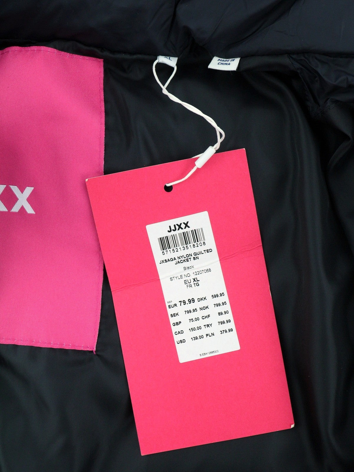JJXX Saga Nylon Quilted Women Jacket XL Black Oversized Hidden Hood