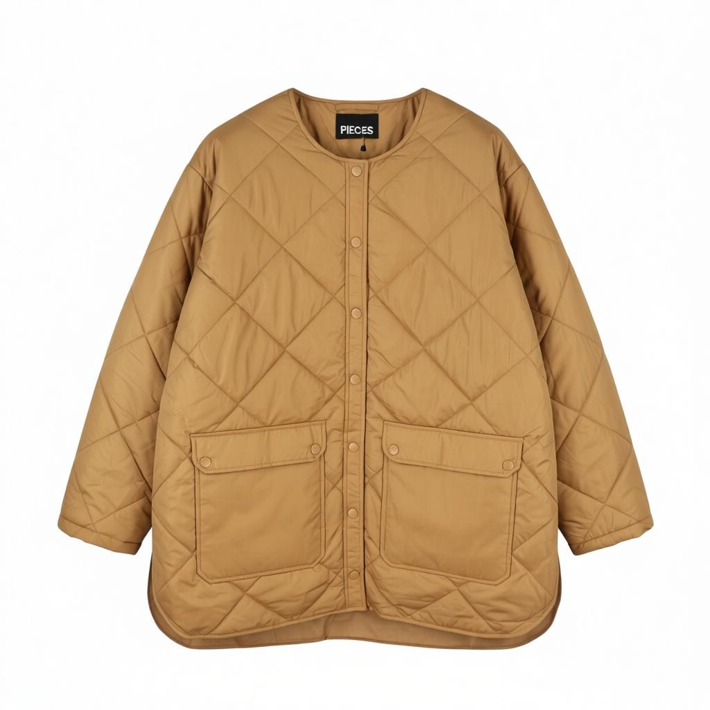 PIECES Key Light Padded Women Jacket XL Brown Quilted Snap Button