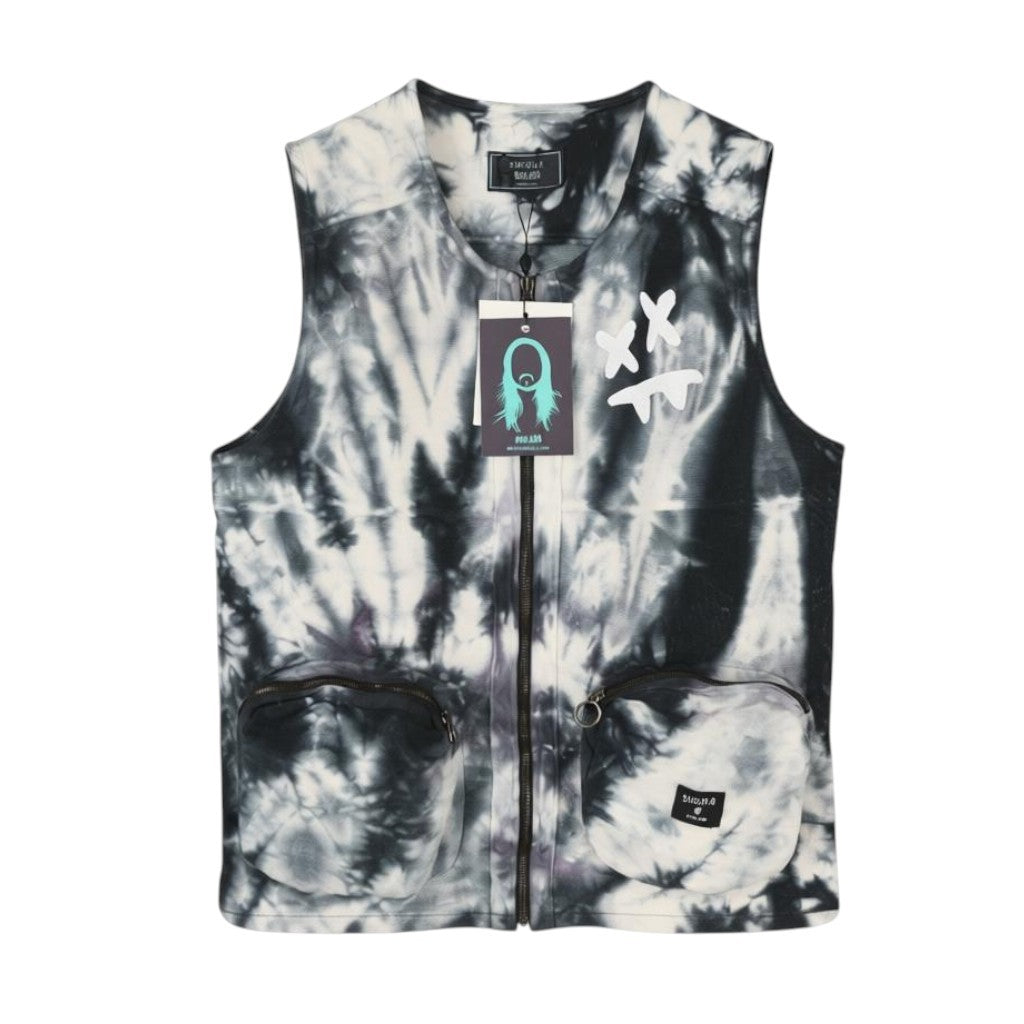 SIKSILK Aoki Utility Men Waistcoat XS Tie Dye Black White Pocket Vest
