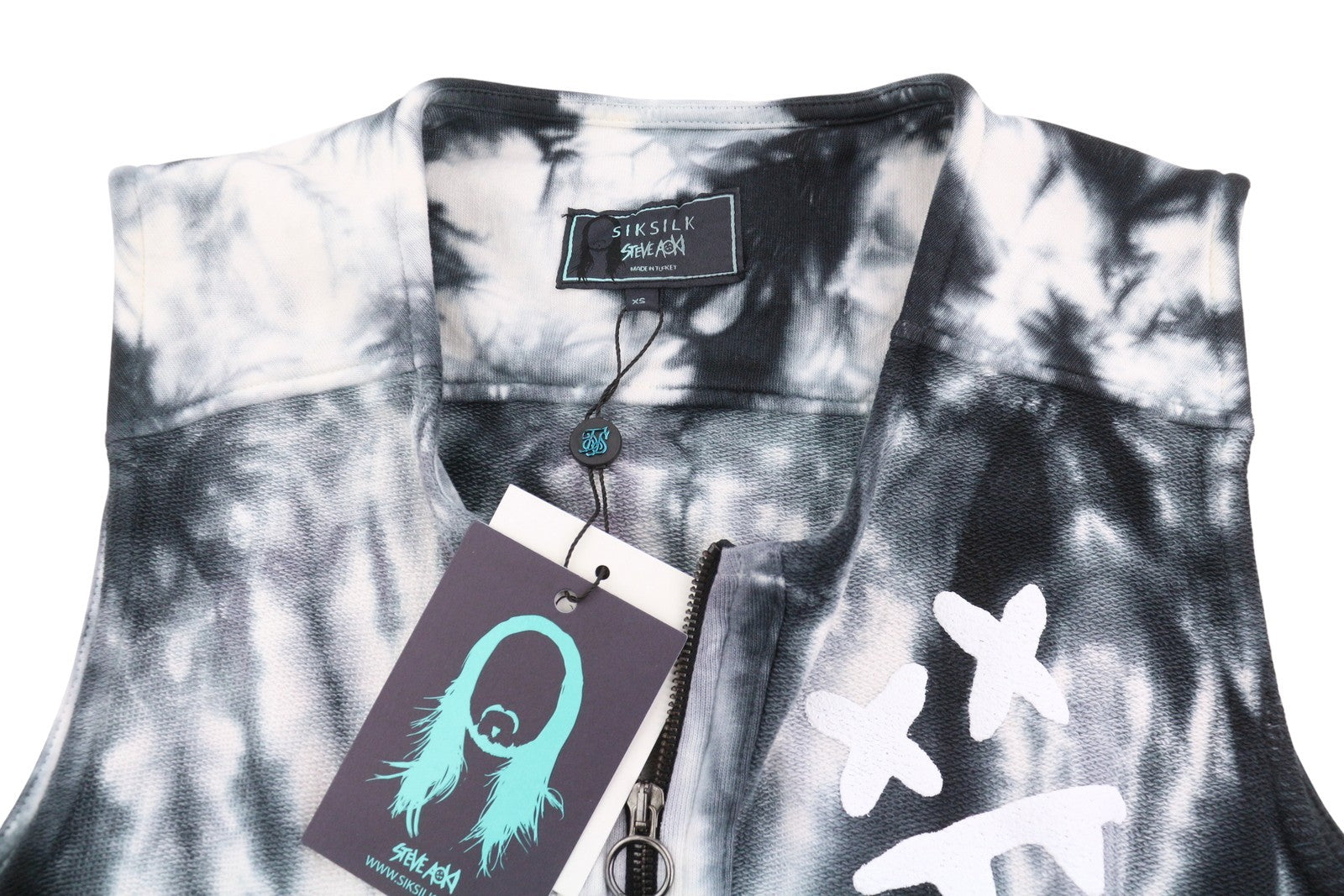 SIKSILK Aoki Utility Men Waistcoat XS Tie Dye Black White Pocket Vest