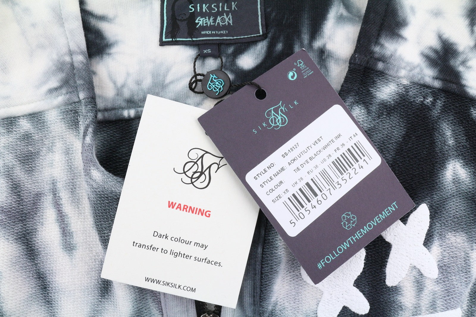 SIKSILK Aoki Utility Men Waistcoat XS Tie Dye Black White Pocket Vest