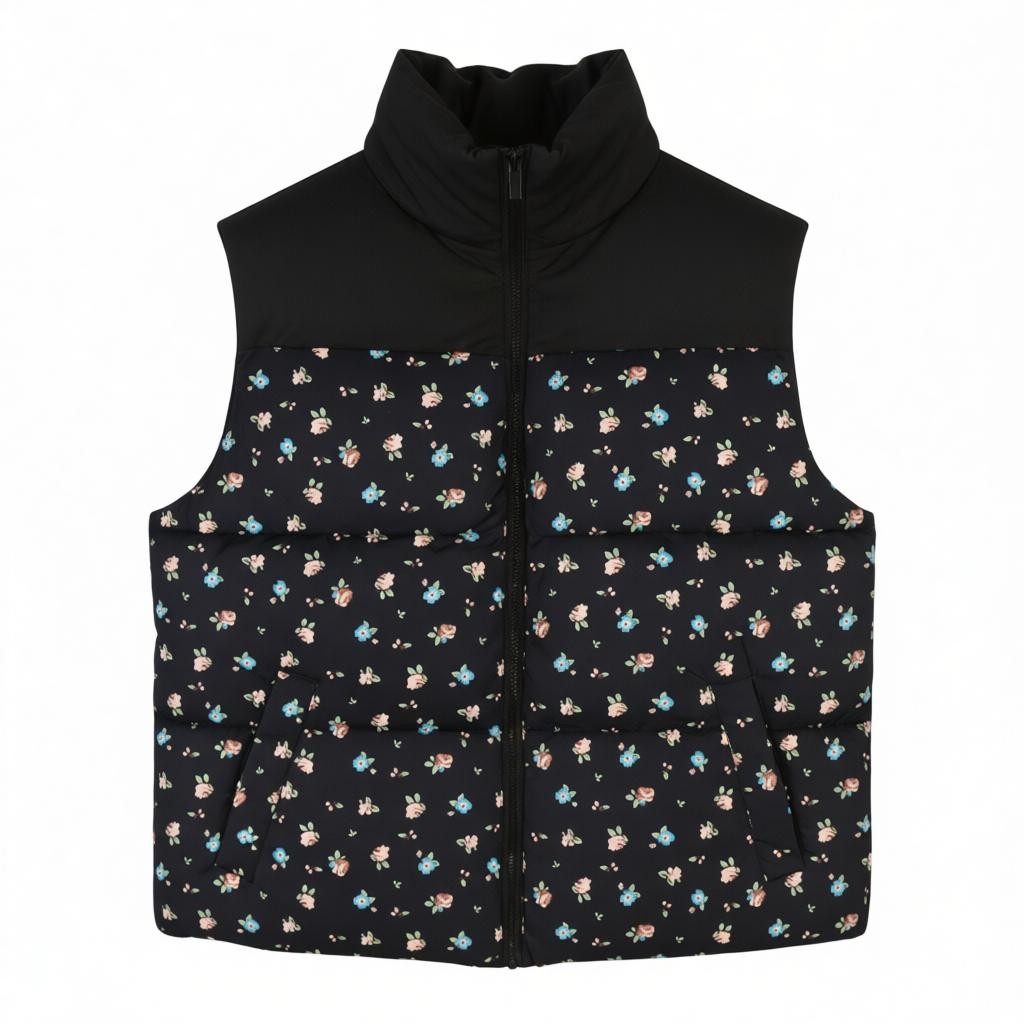 VILA Maja High Neck Women Waistcoat EU42 Black Floral Quilted Padded