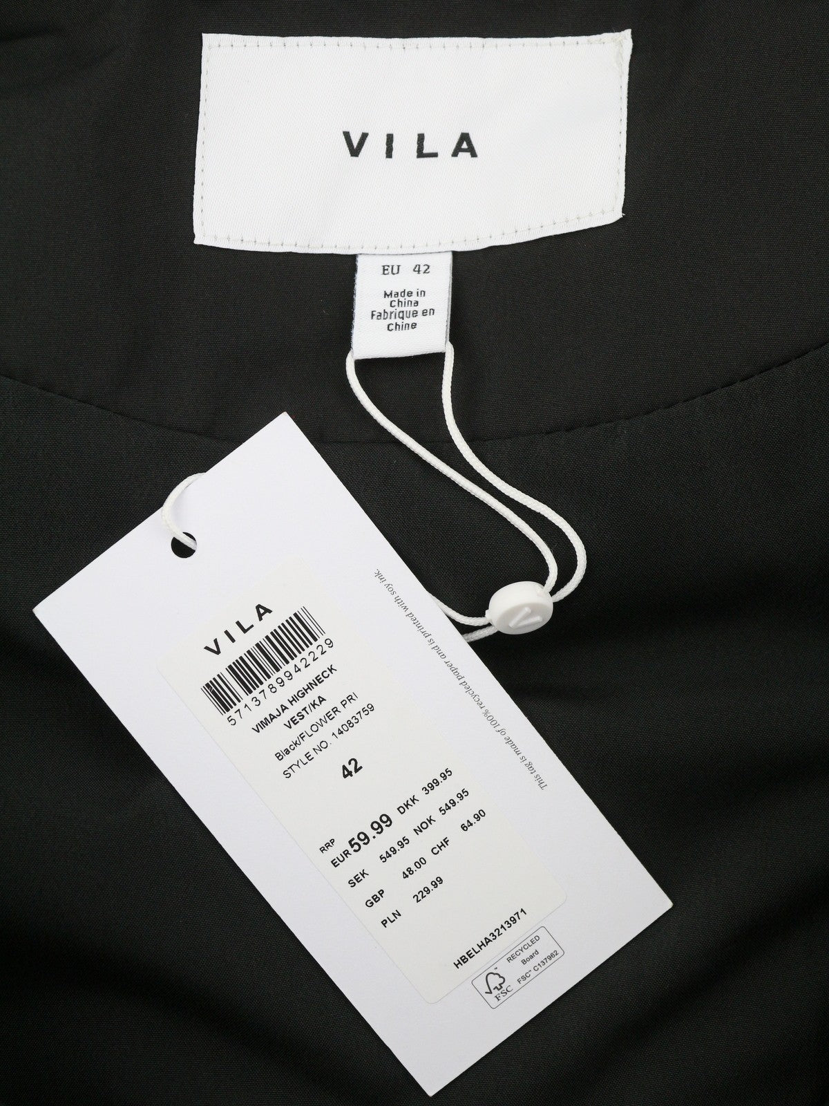 VILA Maja High Neck Women Waistcoat EU42 Black Floral Quilted Padded