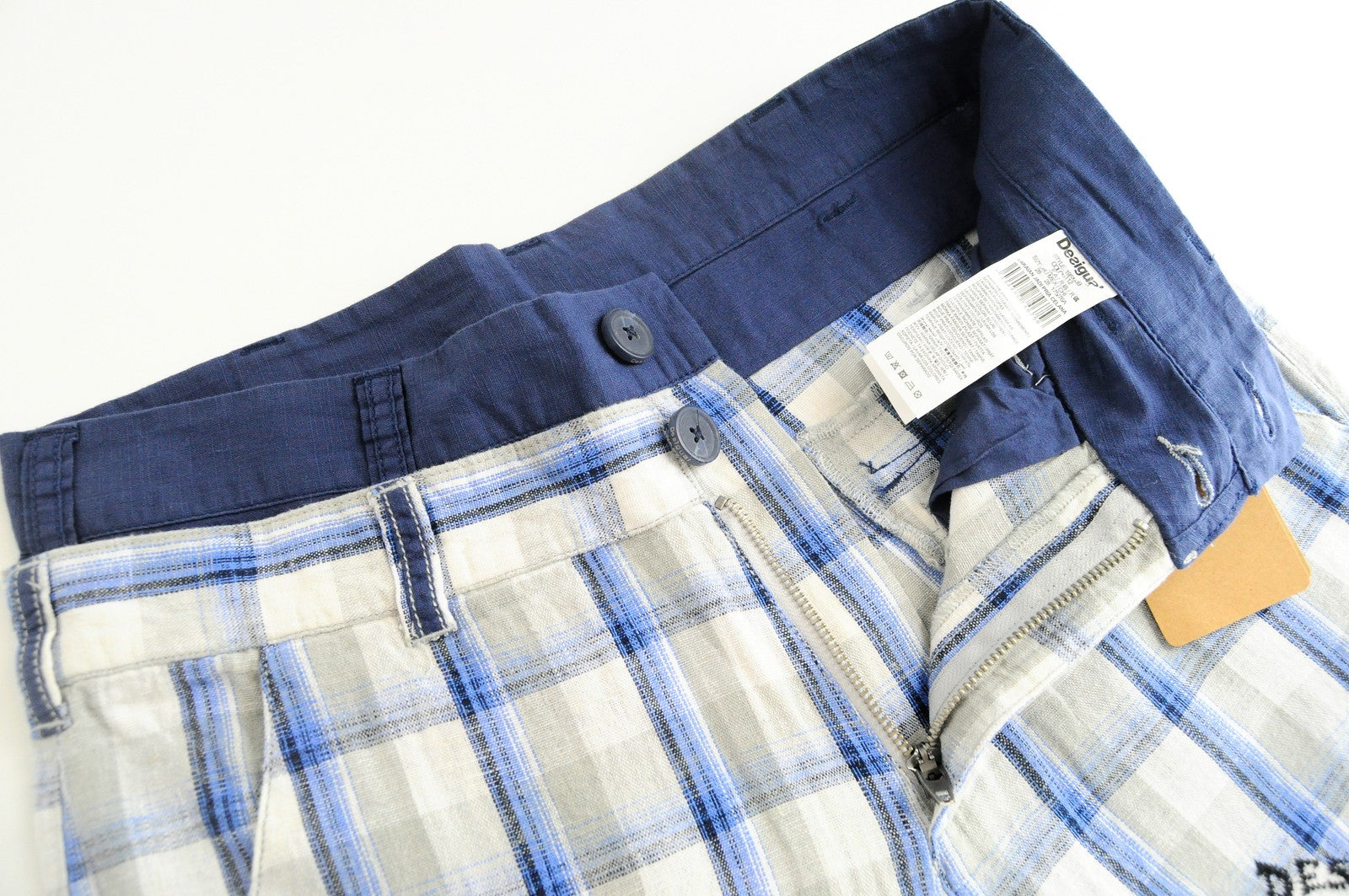 DESIGUAL Pant Paul Men Shorts 28 Linen Cotton Casual Checked Cargo Styled Print