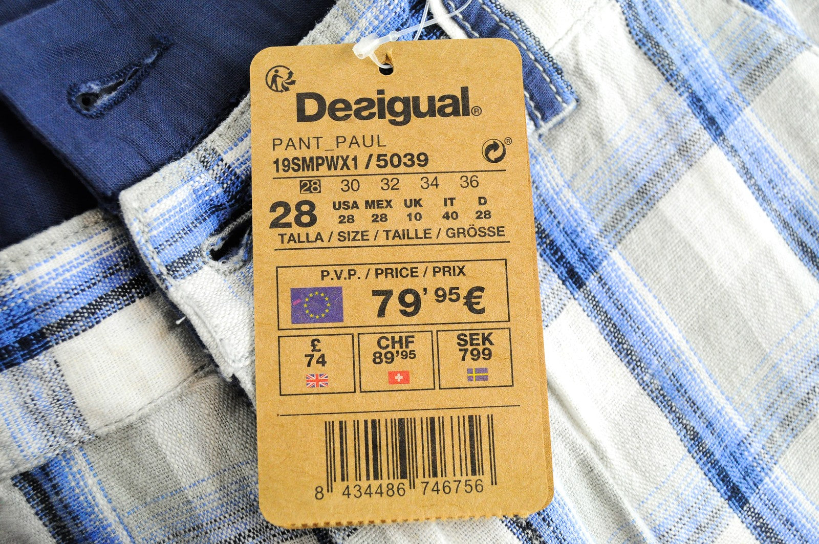 DESIGUAL Pant Paul Men Shorts 28 Linen Cotton Casual Checked Cargo Styled Print