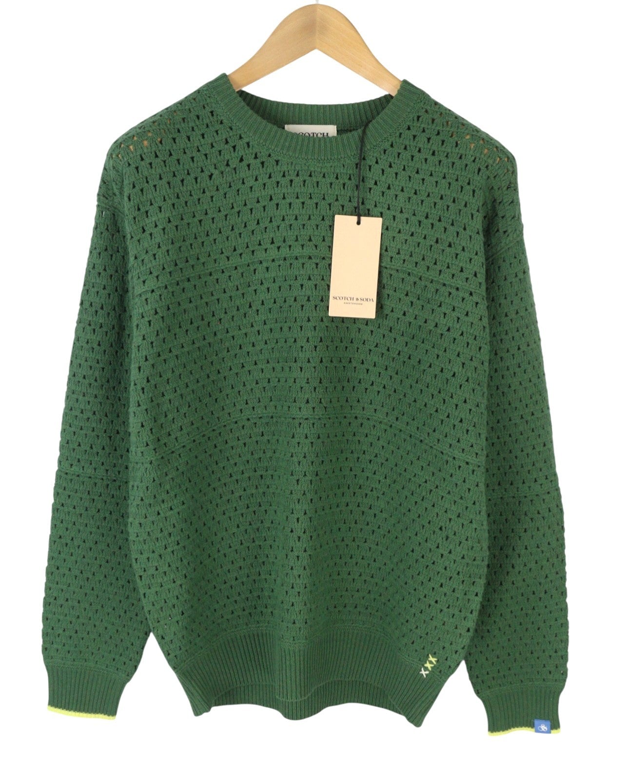 SCOTCH & SODA Men Jumper L Green Open Knit Crew Neck Pull On