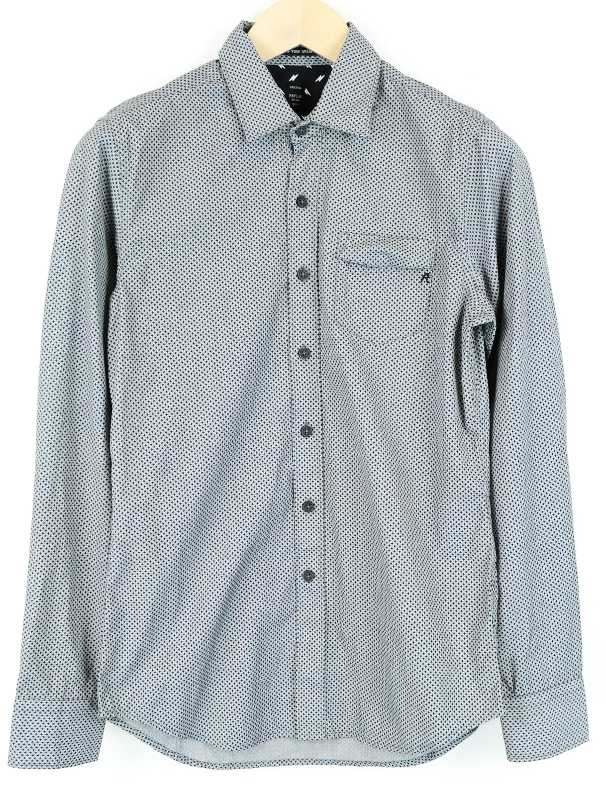 REPLAY Men Shirt S Grey Long Sleeved Patterned Spread Collared Pure Cotton