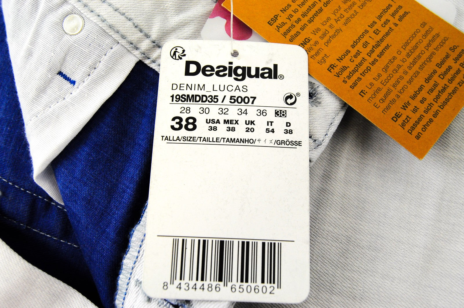 DESIGUAL Lucas Men Jeans UK20 Slim Fit Washed Light Blue Cotton Stretch