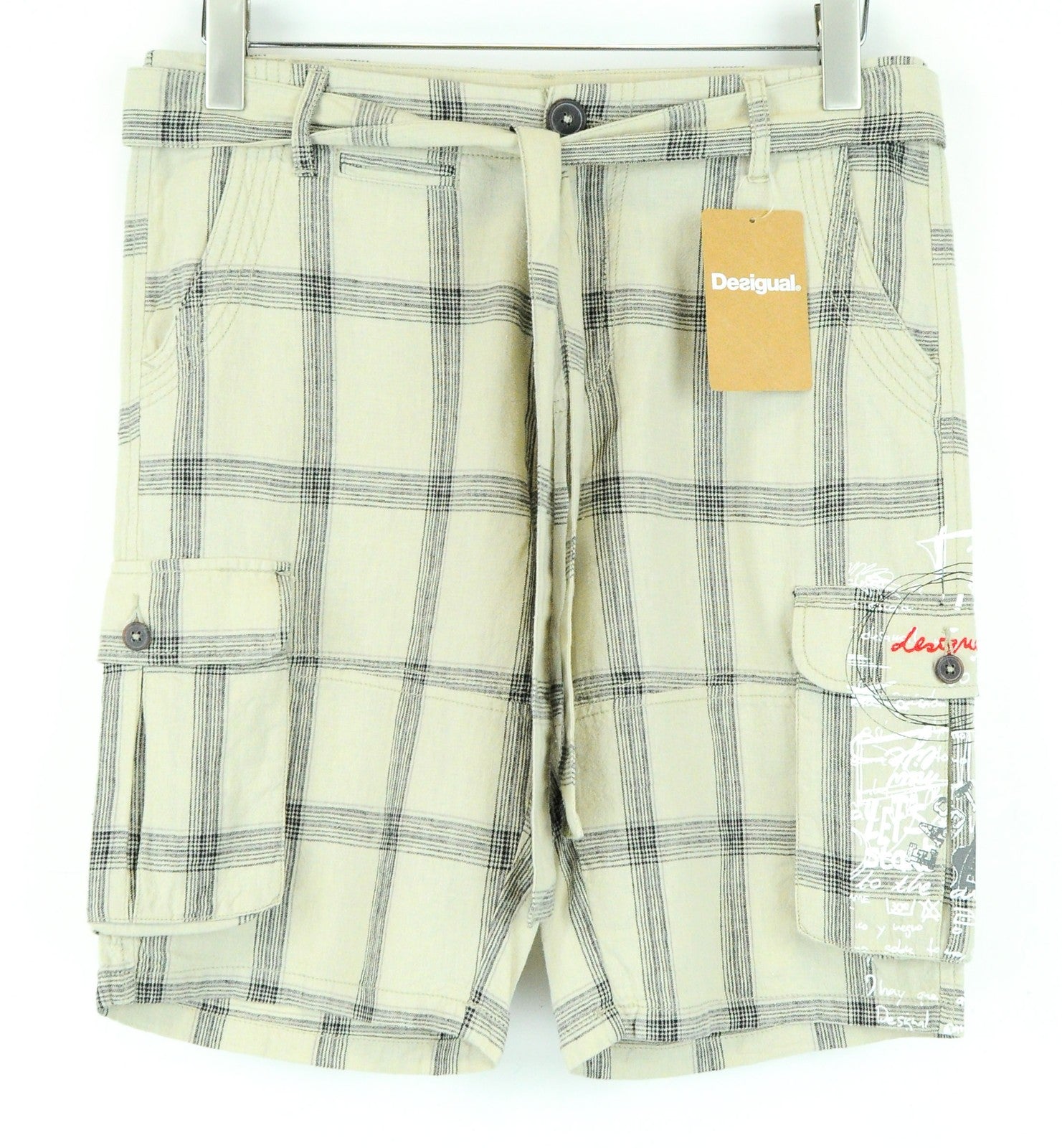 DESIGUAL Marc Men Shorts UK10 Sand Brown Linen Cotton Checked Multi Pocket Logo