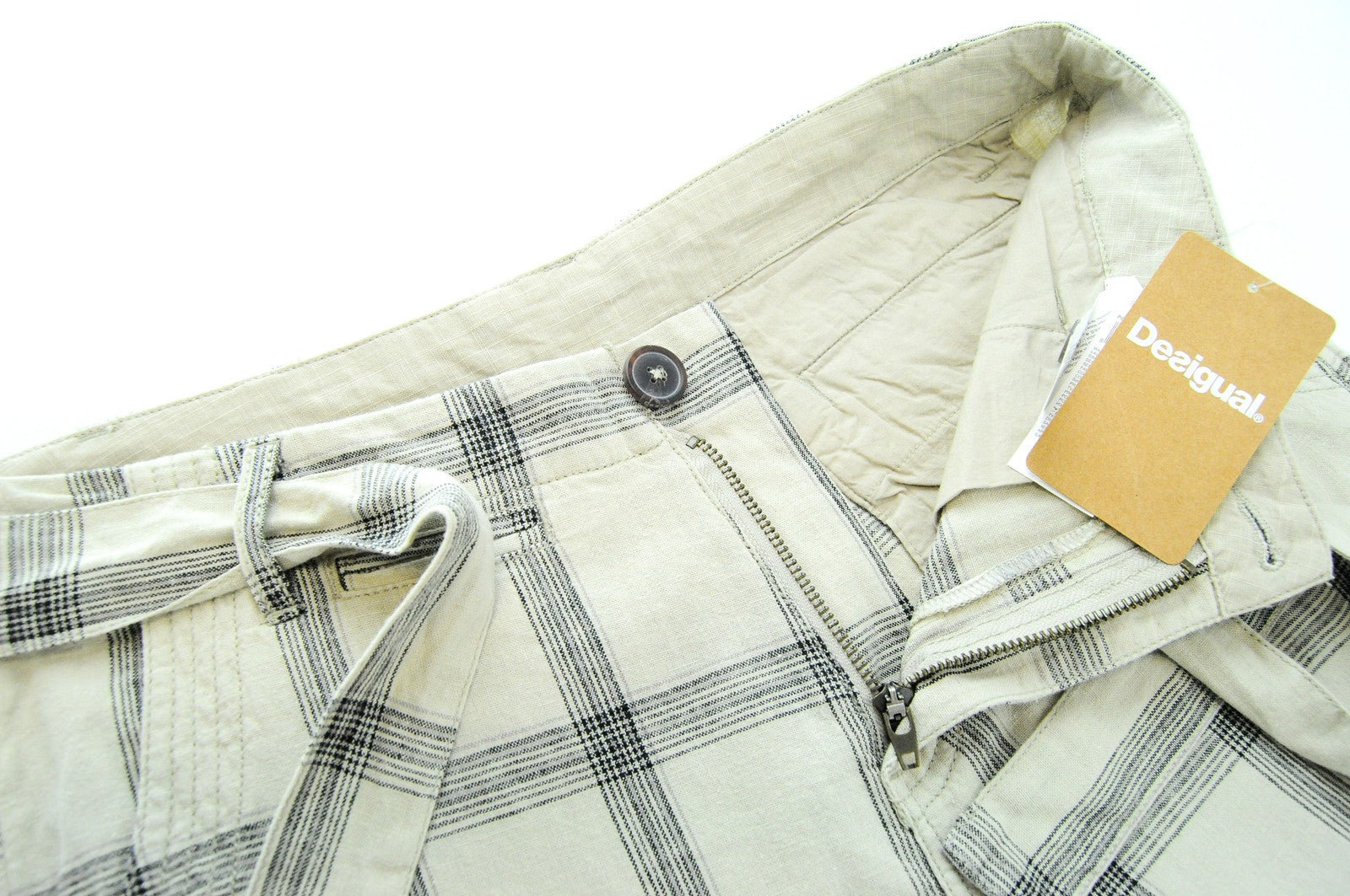 DESIGUAL Marc Men Shorts UK10 Sand Brown Linen Cotton Checked Multi Pocket Logo