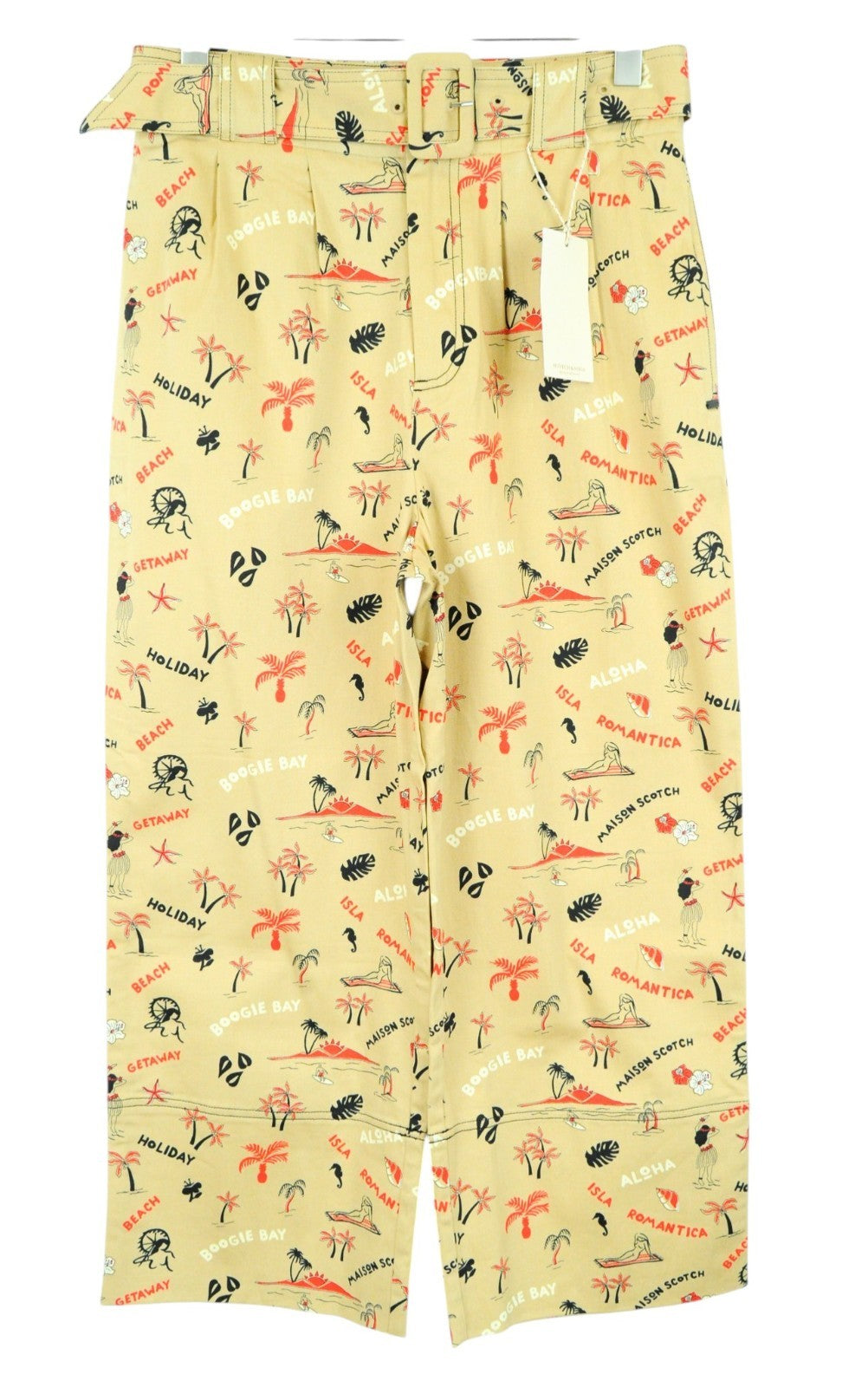 MAISON SCOTCH Ams Couture Women Trousers L Brown Patterned Wide Stretch Belted
