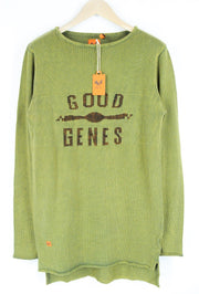 GOOD GENES Men Jumper S Green Pure Cotton Knitted Logo Long Sleeve Sweater
