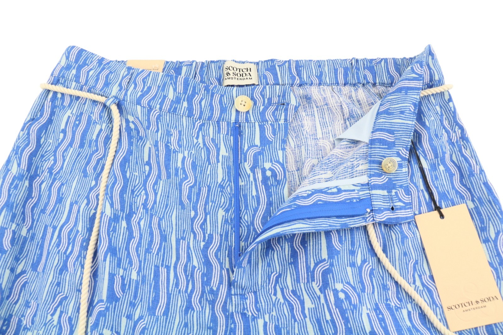 SCOTCH & SODA Men Trousers W31/L32 Blue Patterned Linen Blend Wide Fit