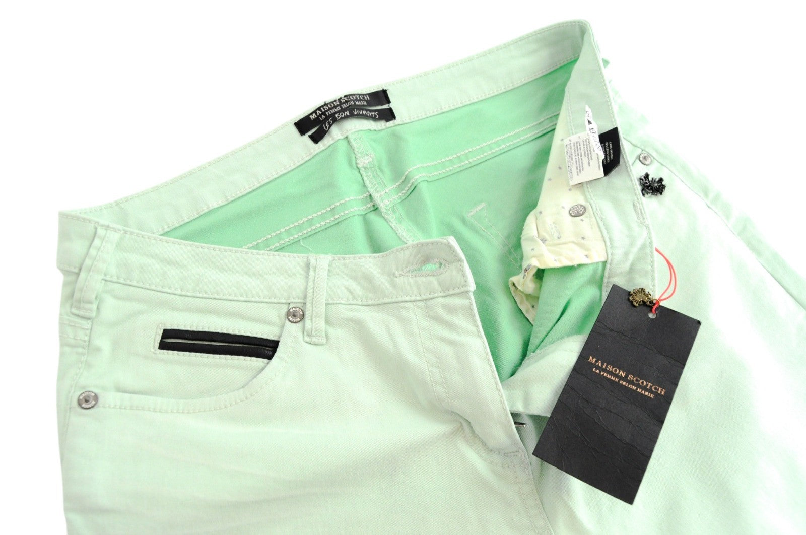 MAISON SCOTCH Women Trousers W29 Pastel Mint Green Slim Fit Cotton Stretch
