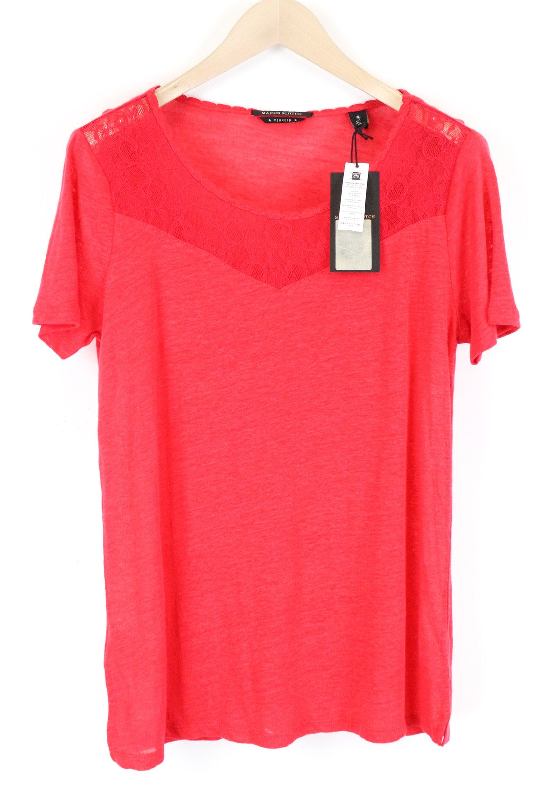 MAISON SCOTCH Women T-Shirt M Bright Red Pure Linen Lace Short Sleeved Pull On