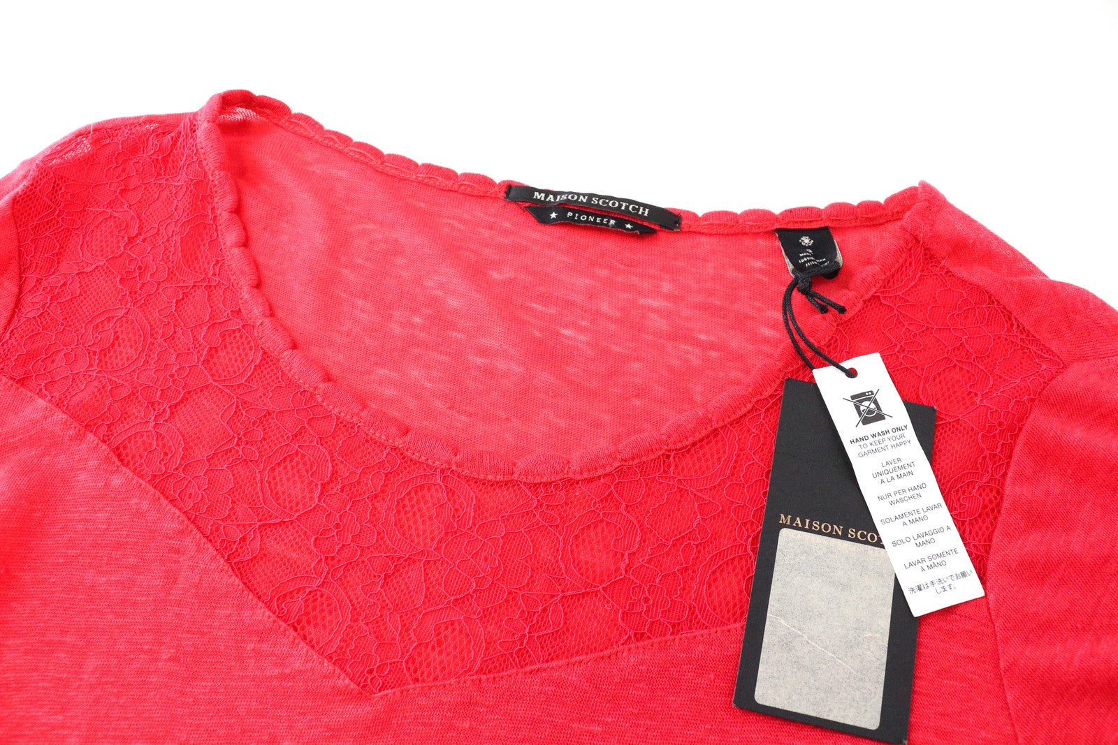 MAISON SCOTCH Women T-Shirt M Bright Red Pure Linen Lace Short Sleeved Pull On