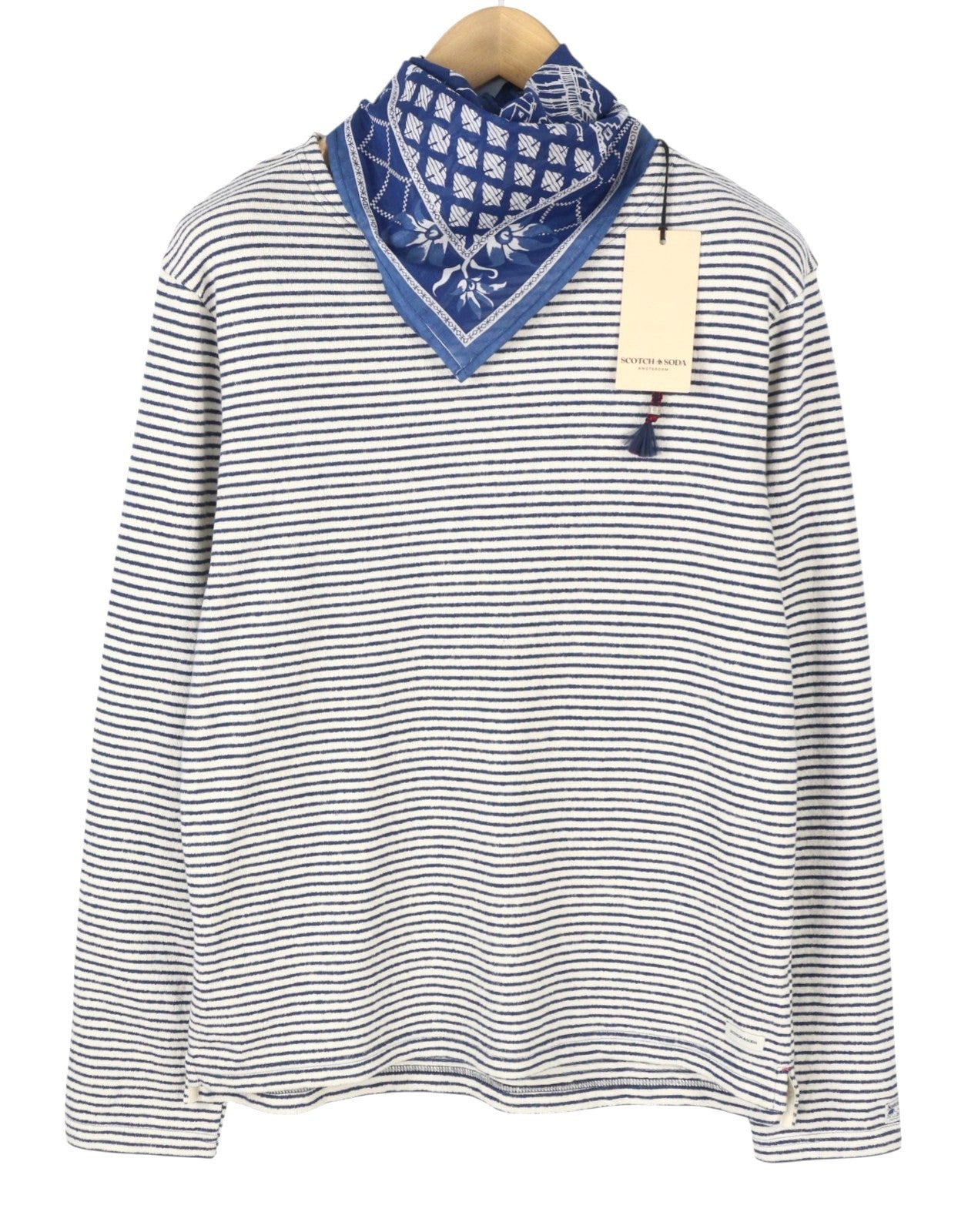 SCOTCH & SODA Men T-Shirt M White Striped Removable Scarf Long Sleeved