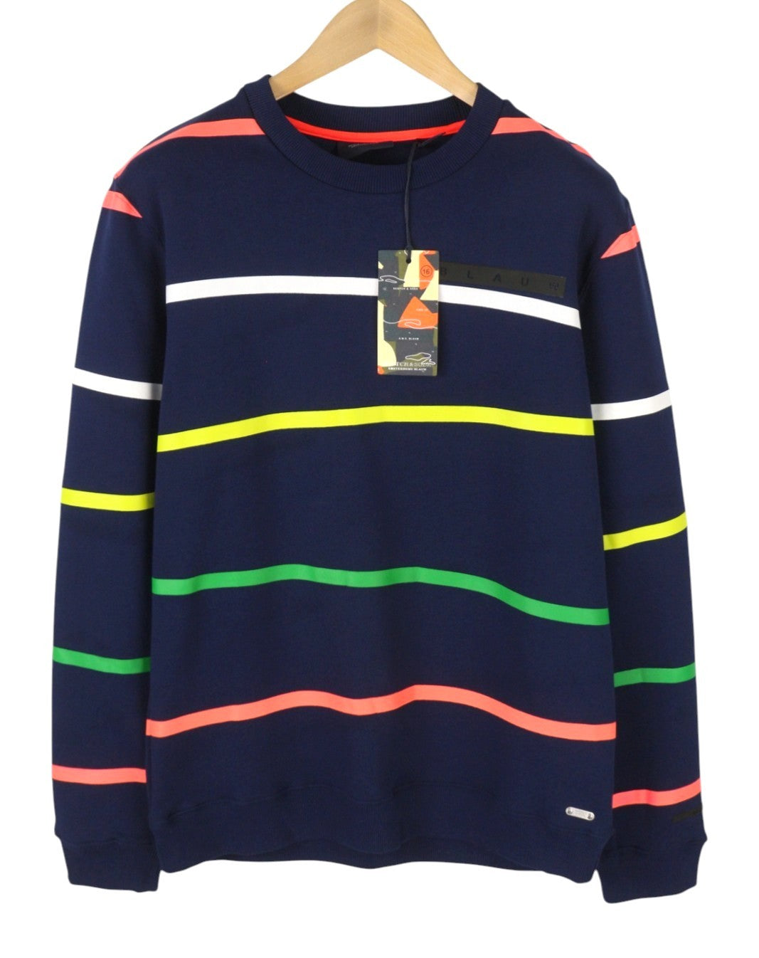 SCOTCH & SODA Men Sweatshirt M Dark Blue Striped Crew Neck Long Sleeve Pull On