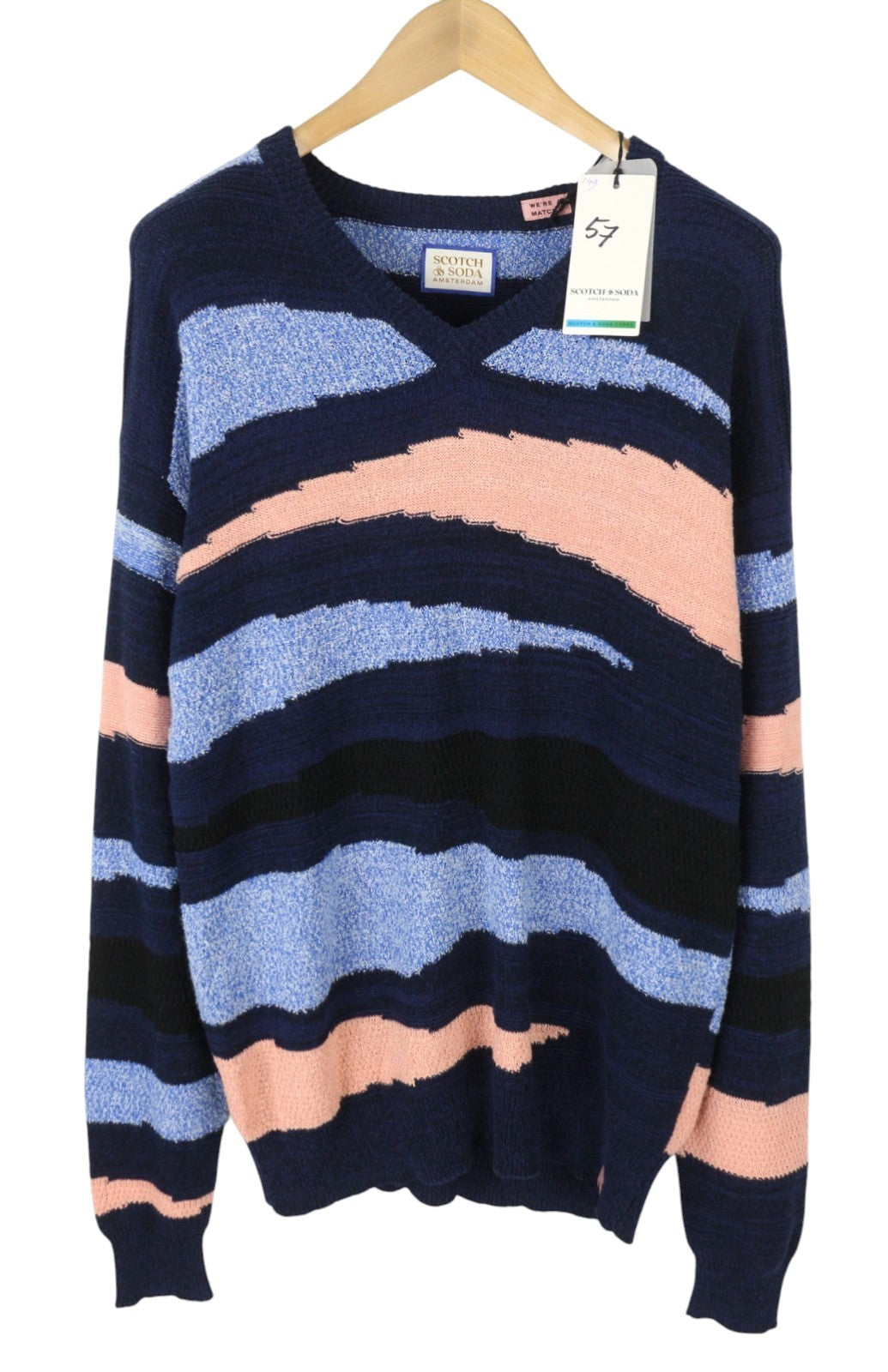 SCOTCH & SODA Men Jumper L Dark Blue Patterned Tight Knit V-Neck Pull On